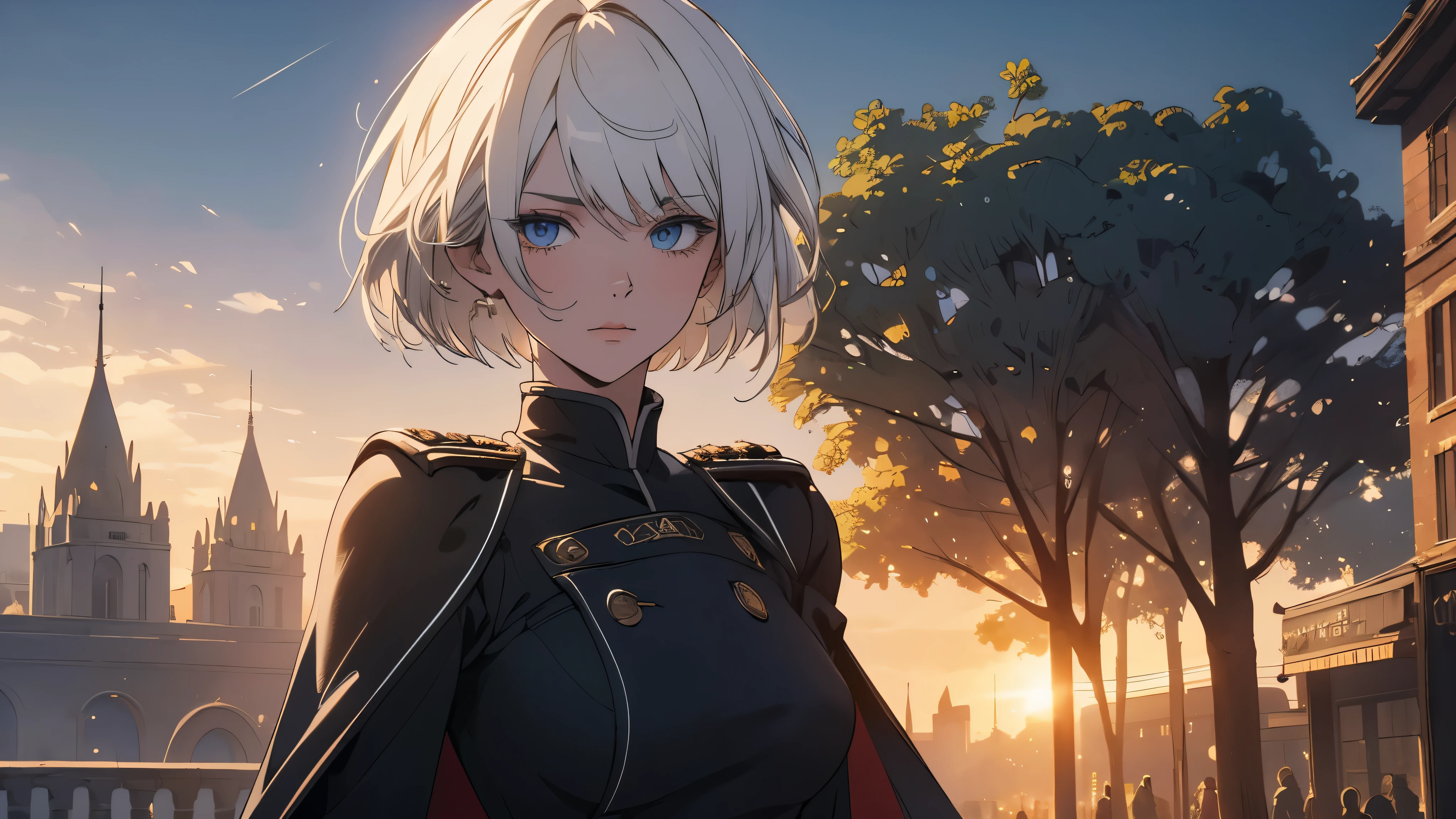 (extremely detailed CG unity 8k wallpaper), (masterpiece), (best quality), (ultra-detailed), (best illustration), (best shadow), (absurdres) ,(detailed eyes), 2b, 1girl, short hair, white hair, solo, Intimidating women, admiral uniform, night, hero pose, white clothes, General Uniform, Military Uniform, Sunlight, exposed to sunlight,commander, fighting pose, wearing cape, Street background,Cinematic Effects, Fancy Effects, Intricate Details, Solo, 1 Maiden, (2D + Crooked Bob: 1.2), Delicate Eyes, Garden, Ultra Wide Angle Lens, Sunlight, Light and Shadow