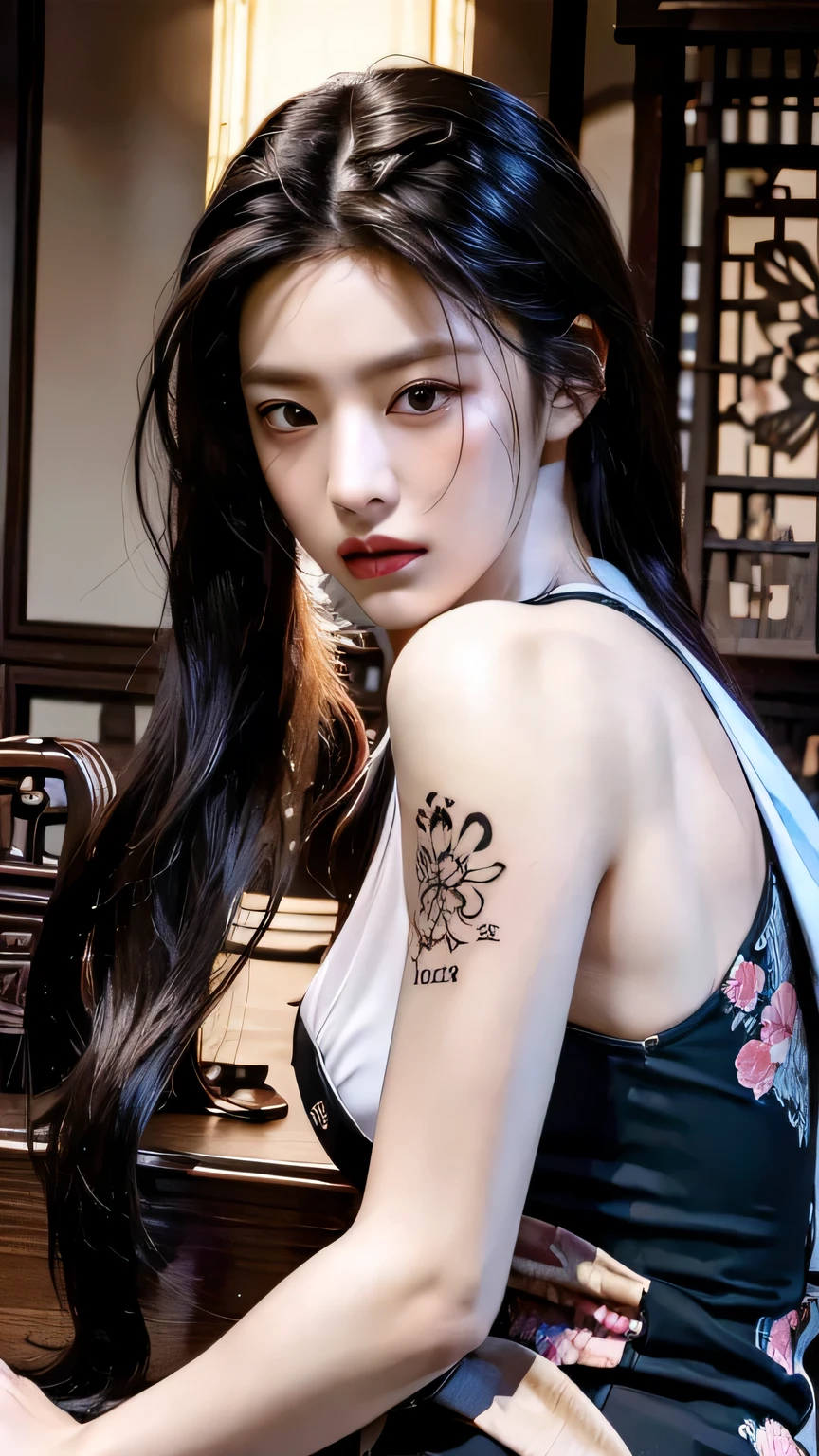 Tattoo girl, Very beautiful, super long hairstyle, messy hair, wave hair, black haired, killing intent, Handsome man, betrayal, irate, Dark background, 8K, Dynamic Wallpapers, Very delicate, Very dense, dinamic pose, dinamic style, masterpiece, gangsta, mafia, tatto body, mafia tatto, beautiful, ethernal beautiful, beauty mafia, boss, blood, at the old cafe, blood dress, a lot tatto, perfect face, seductive pose, sexy mafia, seductive mafia, alley, wearing kimono sexy mafia, mafia boss, open shoulder, tanktop