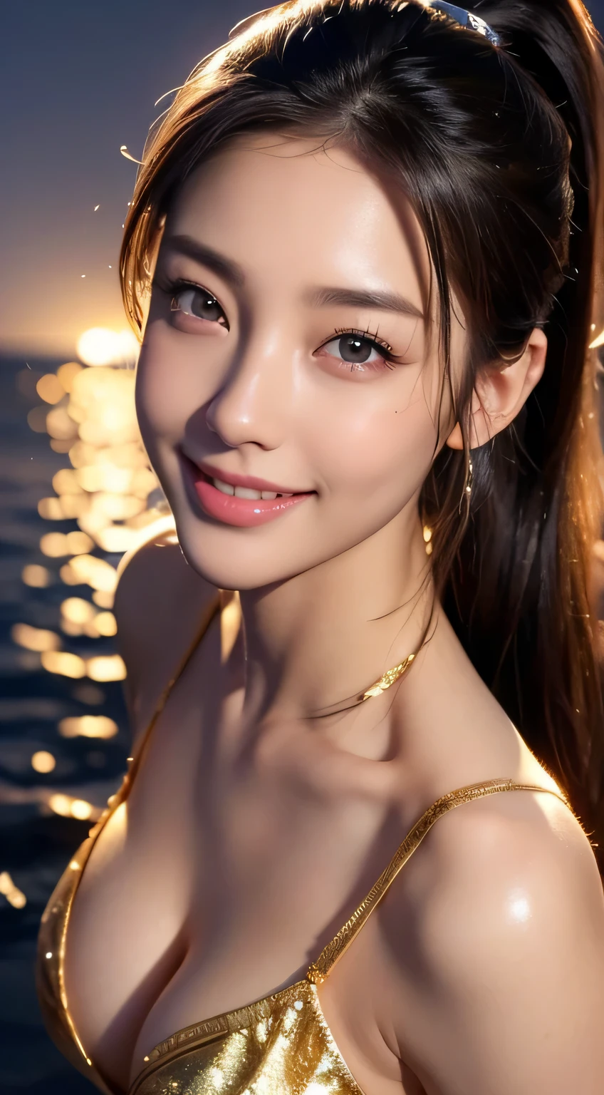 Beautiful woman，body portrait、8k，thin and beautiful eyes，Dindal effect、masterpiece, 最high quality, high quality, High resolution、very detailed写真、(natural skin texture、fine skin、hyper realism、Super sharpness)、high detail skin、(very detailed、fine skinの質感、intricate details、beautiful face、(lifelike face)、realistic eyes、beautiful and detailed eyes、ponytail、real looking skin、beautiful skin、big breasts、G cup、glamorous、shiny skin、oily muscles、swimsuit、surreal、very detailed、golden ratio、with smiling eyes、((night moonlight background))、body portrait