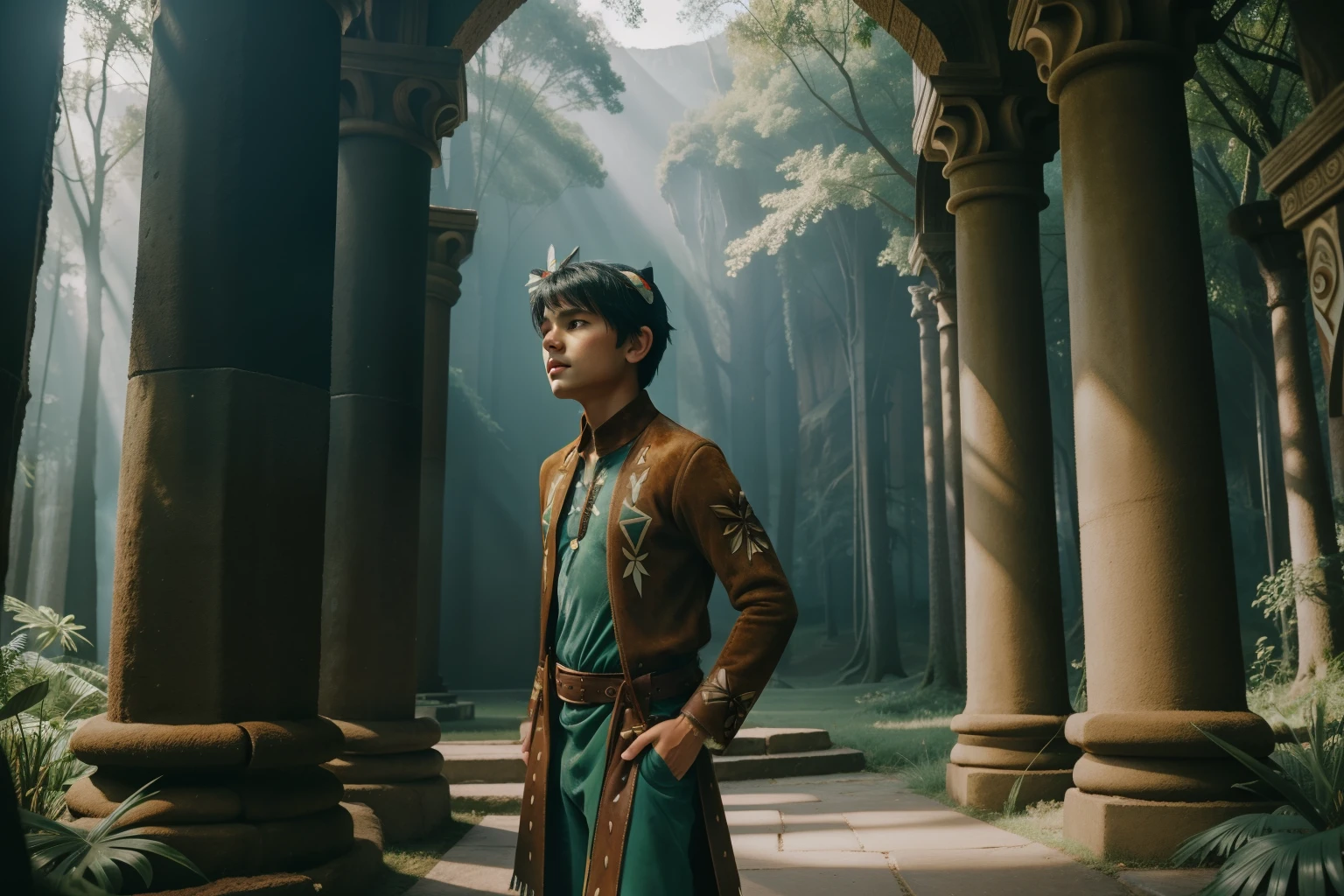 Fairytale Kingdom of Fantasia. ((((10-year-old)) Atreyu)), olive-green skin, athletic, brave, wise, in the Palace of Deep Mystery, Southern Oracle, a forest with columns and mosaics, ((awe expression)). ((((suede and leather indigenous clothings)))), ((bluish-black hairstyle))
