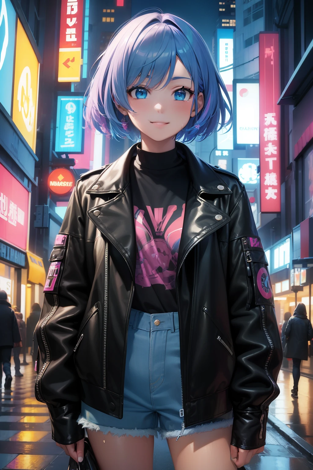 (masterpiece:1.4), 1 girl, streetwear, leather jacket, work clothes,trousers,street,Smile, (masterpiece, best quality, high resolution, super detailed ), night, depth of field, absurd comedy:1.4), super detailed, 1 girl, magenta and cyan, Purple versatile cyan striped short hair, Urban Mage, Surrounded by neon lights and colorful flashes