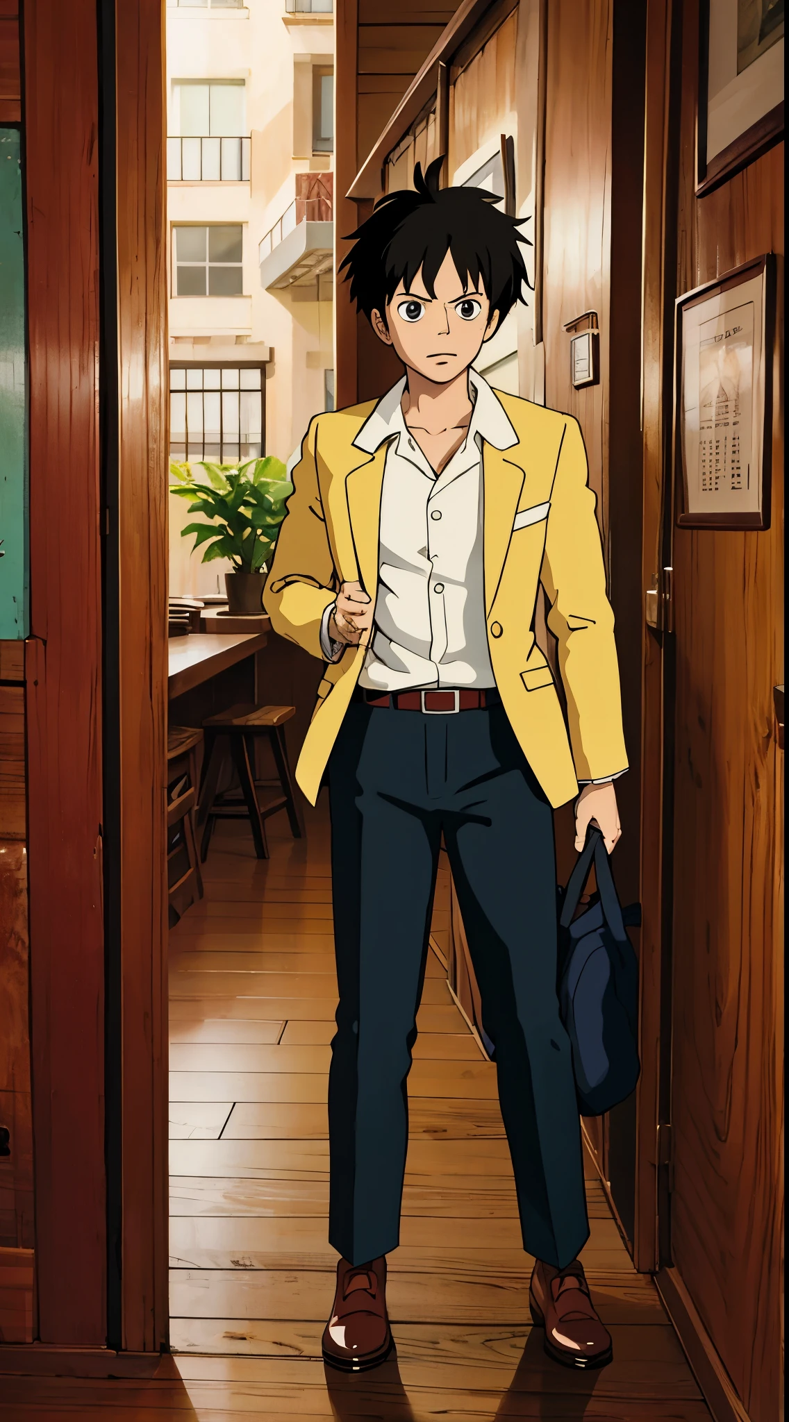 luffy, in cafe, blazer, perfect eyes, perfect face.