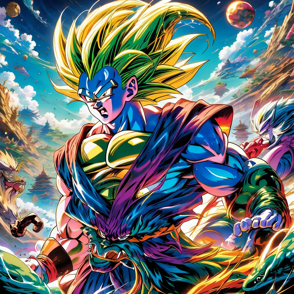 Dragonball, aesthetic, extremely detailed, Epic, High-resolution, Illustration, mid shot, Dragonball, exhilarated, powering up, otherworldly battle, alien planet, vibrant colors, dynamic lighting, edge lighting, fantasy, contrast, Fujifilm Superia, cinematic, Akira Toriyama, Jim Lee, Todd McFarlane.