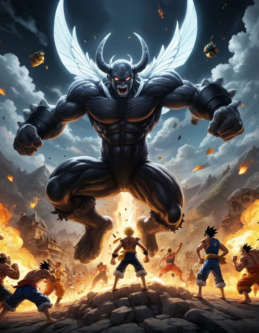 (one piece,full detailed:1.1,dragonball:1.2,white-black color:0.9,action-packed:1.1,dragon,beauty:1.1,strong characters,highly detailed backgrounds,energy beams,powerful explosions,giant bee:0.9,intense fighting)