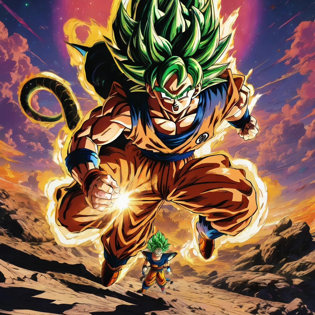 Dragonball, aesthetic, extremely detailed, Epic, High-resolution, Illustration, mid shot, Dragonball, exhilarated, powering up, otherworldly battle, alien planet, vibrant colors, dynamic lighting, edge lighting, fantasy, contrast, Fujifilm Superia, cinematic, Akira Toriyama, Jim Lee, Todd McFarlane.