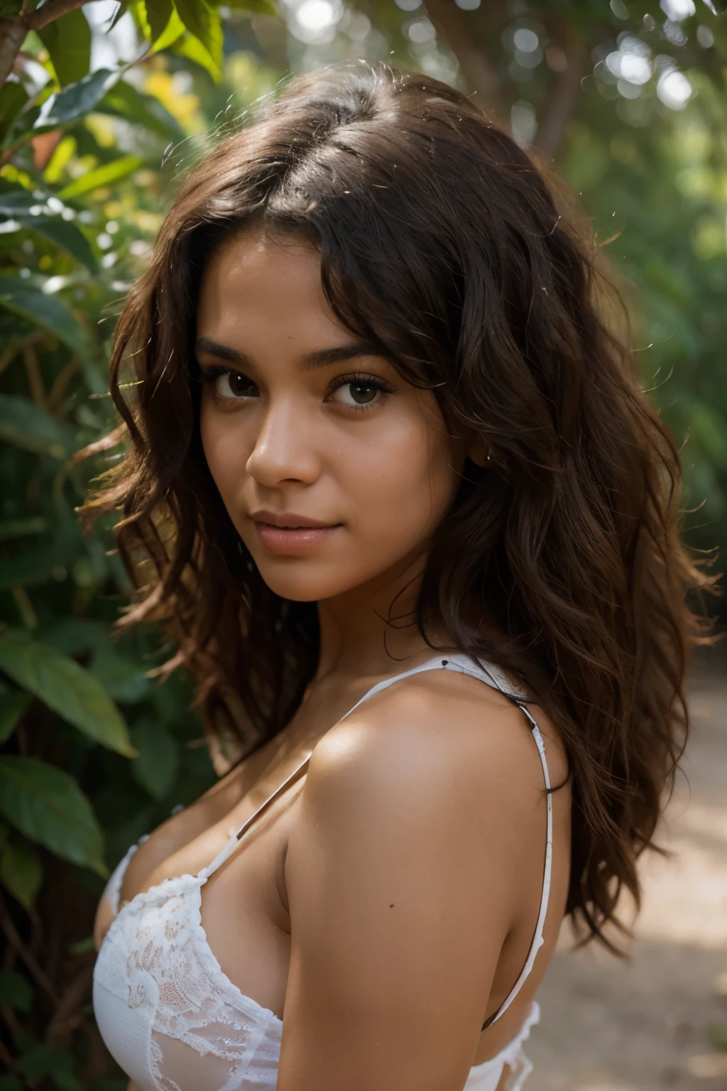 A photorealistic portrait of a young Afro-Brazilian woman of mixed skin, 23 years old, with long curly brown hair and green eyes with a naughty and hot look. It must have a natural and accessible expression and be enlightened. The background should be a bright and sober setting. Capture this image with high-resolution photography using an 85mm lens for a flattering perspective