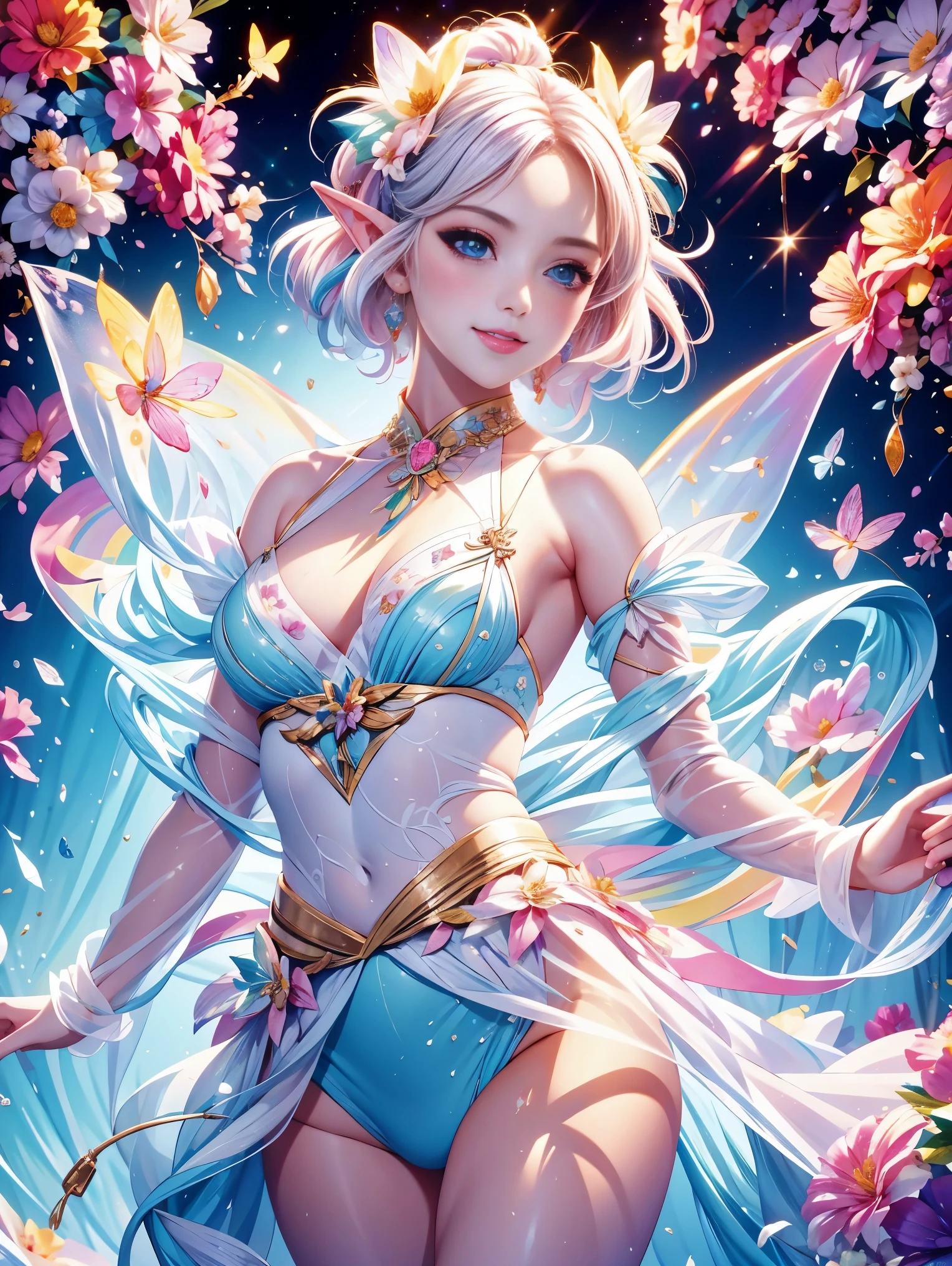 Welcome to the fantasy unknown country,(The female elf guides you,anatomically correct,Accurate and perfect European and American cartoon girl face),A kind smile,Transparent beautiful girl,beautiful fairy,Small ears,fly around,kaleidoscopic,在成千上万的紫色和红色flowers中,digital illustration,complex,Uptrend,pastel colors,(painting:1.5),(vector illustration"1.5),Award-winning photography,Bokeh,depth of field,hdr,flowers,Color difference,Very detailed,Art Station Trends,CG social trends,complex,high detail,drama,midway art