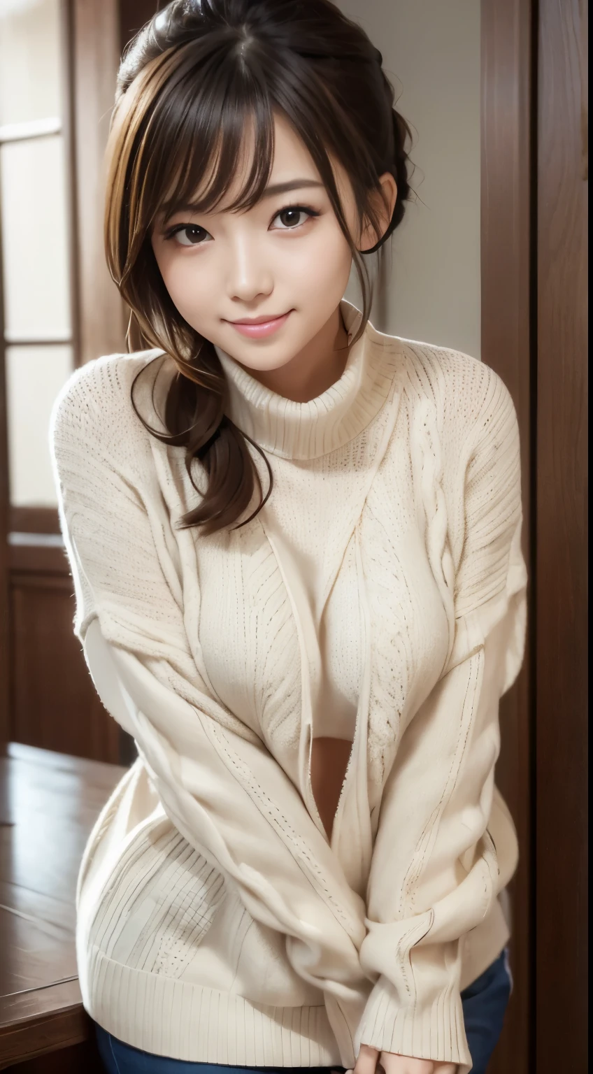 (Masterpiece, BestQuality:1.3), table top、highest quality、figure、 super detailed、finely、 High resolution、8k wallpaper、完璧なダイナミックな構figure、29 year old pretty girl、detailed beautiful face、finelyて可愛い目、rough skin、ponytail、modest smile、small breasts、bold sexy pose、tight sweater、leaning forward