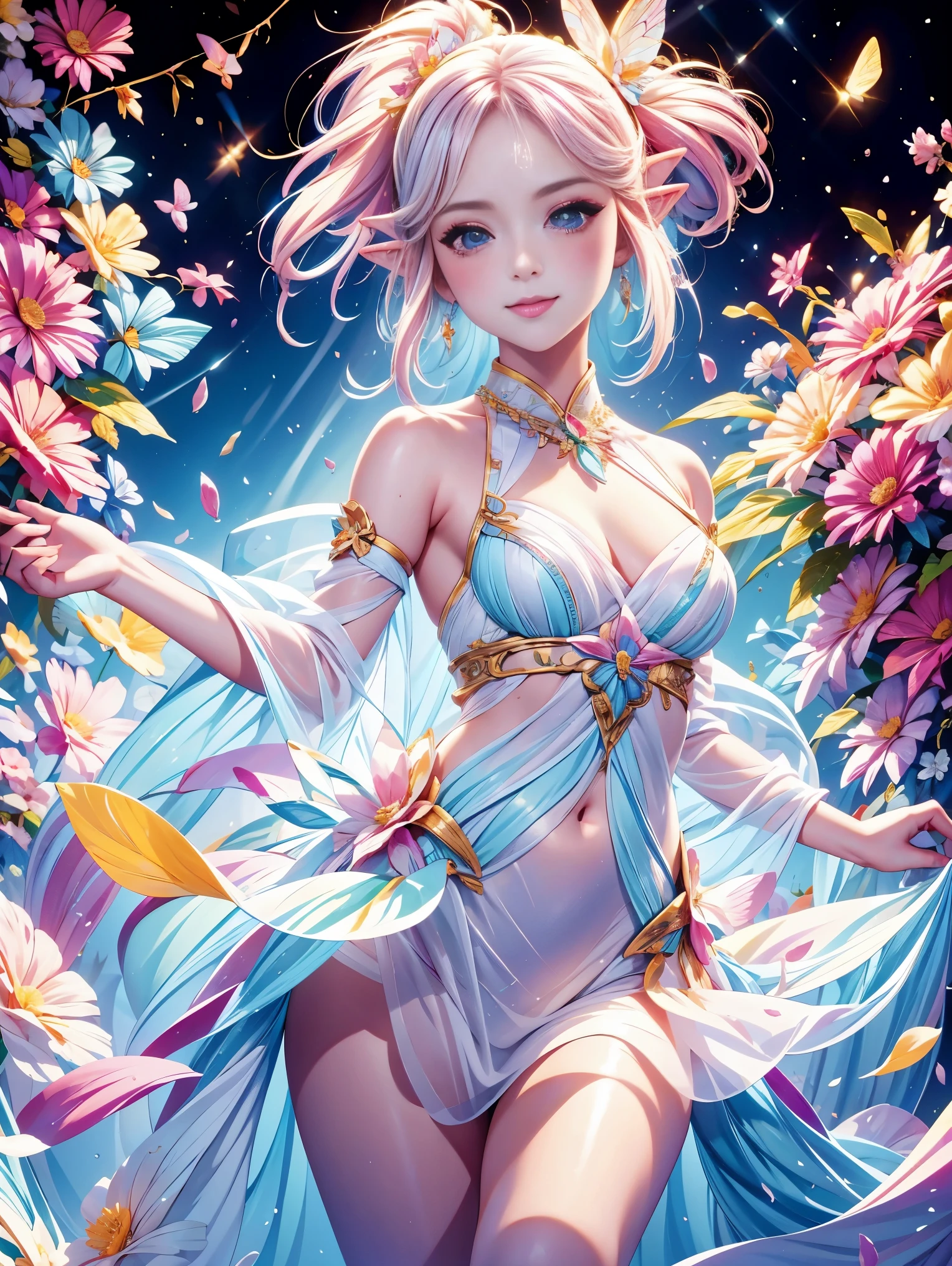 Welcome to the fantasy unknown country，（The female elf guides you，anatomically correct，Accurate and perfect European and American cartoon girl face），A kind smile，Transparent beautiful girl，beautiful fairy，Small ears，fly around，kaleidoscopic，在成千上万的紫色和红色flowers中，digital illustration，complex，Uptrend，pastel colors，(painting:1.5)，(vector illustration"1.5)，Award-winning photography，Bokeh，depth of field，hdr，flowers，Color difference，Very detailed，Art Station Trends，CG social trends，complex，high detail，drama，midway art