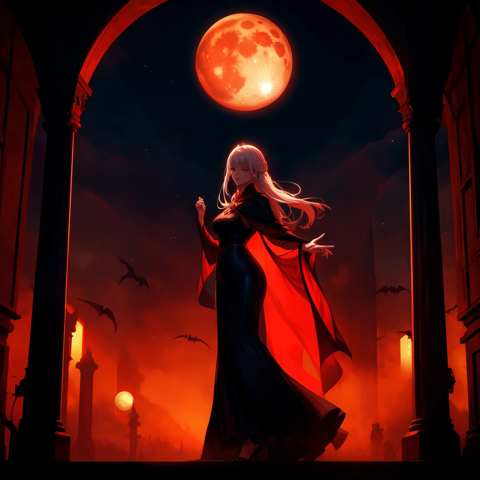 Woman wearing a bright red maxi dress stands in front of the full moon, Huge blue magic circle, dark fantasy style art, The beautiful and elegant vampire queen raises her right hand to cast magic,, Beautiful flowing white hair , praise the 血月