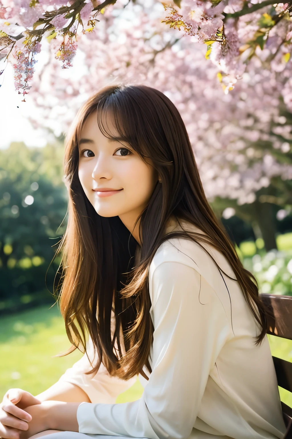 sit on a bench in a quiet park、young woman with natural beauty。She has long brown hair、Has gentle eyes and a soft smile。The clothes she wears are simple and elegant、Gives a casual yet sophisticated look。There are lush trees around々and flowers々There is、The soft spring sunlight gently illuminates her face.。her posture is relaxed、natural and beautiful