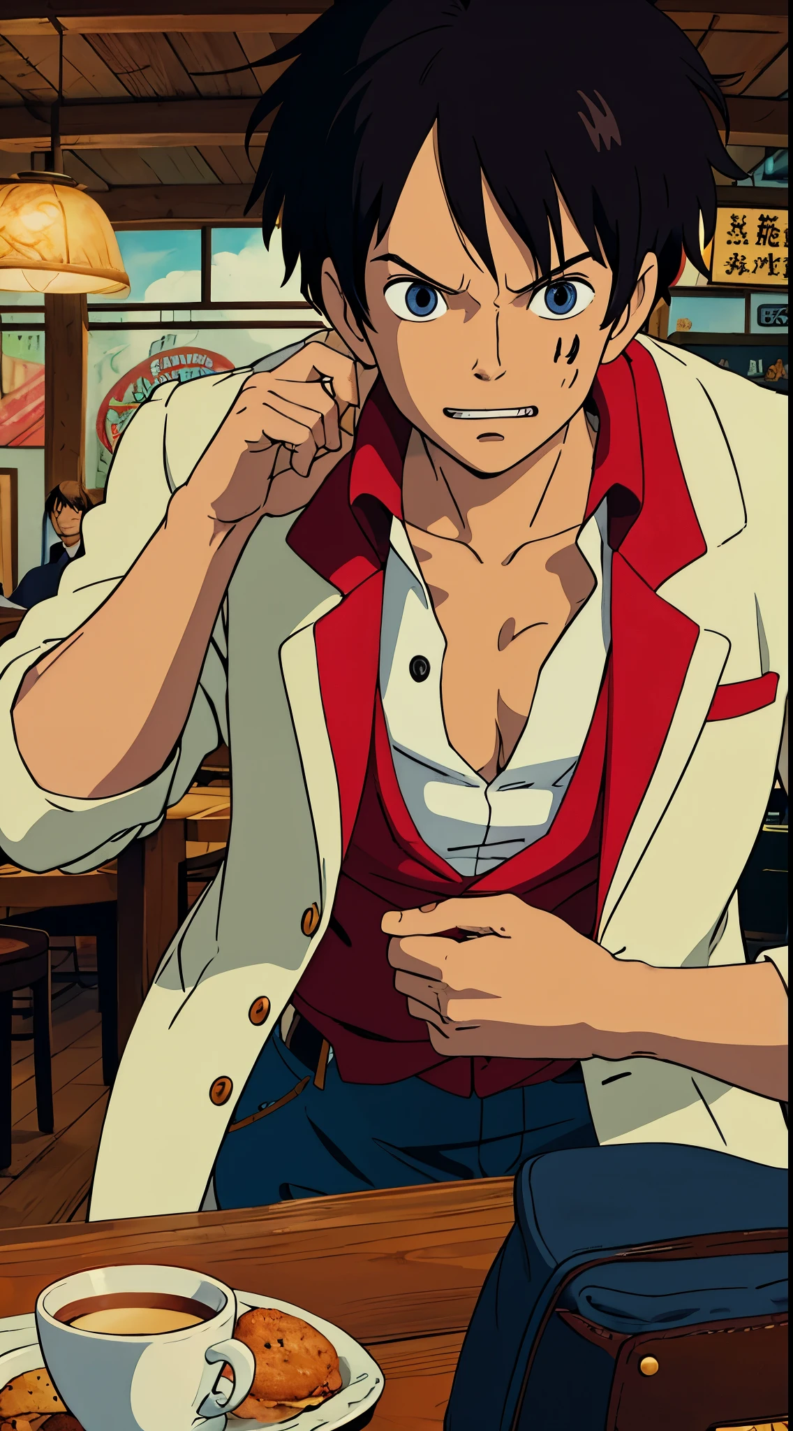 luffy, in cafe, blazer, perfect eyes, perfect face, perfect hand.