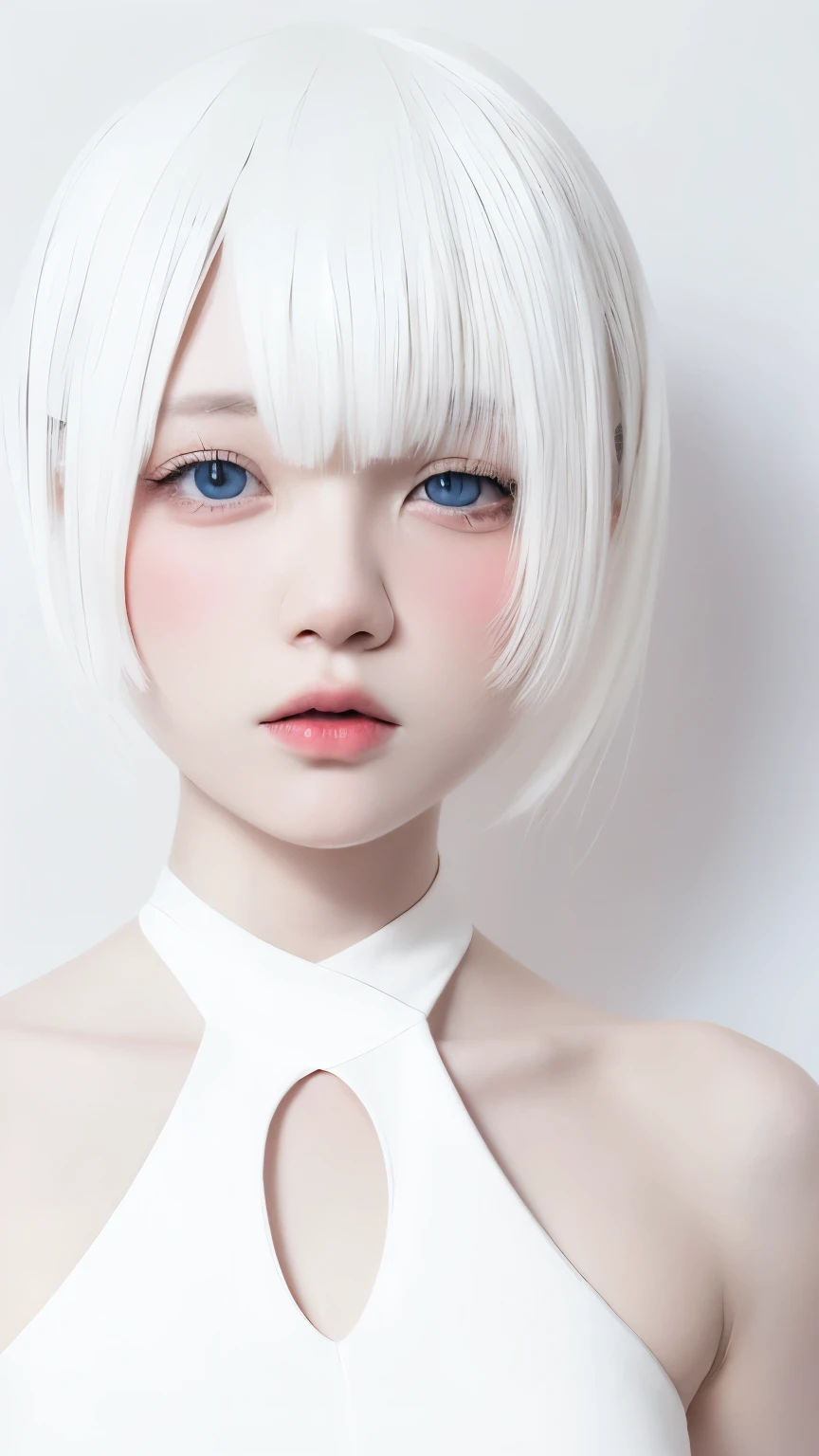 (((white background:1.3)))、highest quality, Masseter muscle part, High resolution, albino girl、(((1 girl))), ************,(((The eyes are white:1.3)))、white dress、((white shirt:1.3、White Block Dress)), Tyndall effect, realistic, shadow studio,Ultramarine lighting, dual tone lighting, (high detail skin: 1.2)、dim lighting、dark lighting、 Digital single-lens reflex camera, photograph, High resolution, 4k, 8k, background blur,fade out beautifully、White world、white background