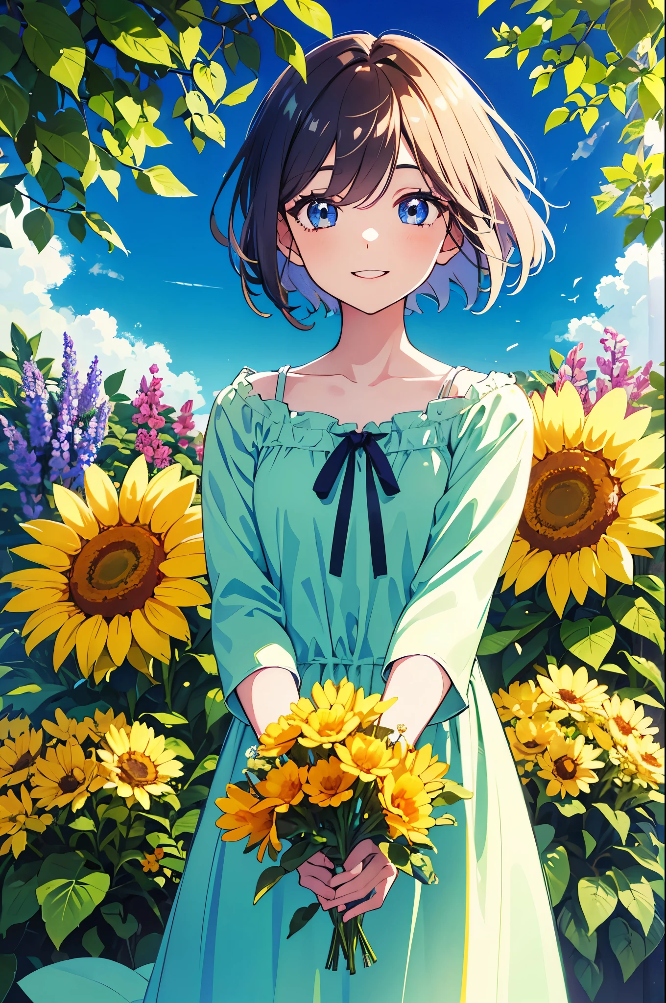 (best quality,highres:1.2), vibrant colors, flower garden, sunny day, summer, cheerful atmosphere, 1girl, beautiful detailed eyes, long eyelashes, ((dropping eyes, happy expression)), flowing hair, colorful dress, short hair, cowboy shot