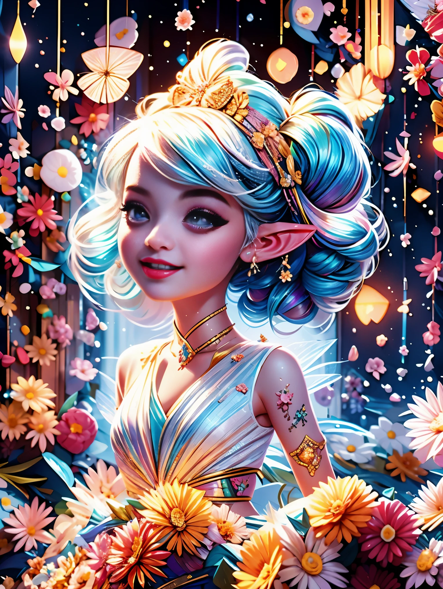 Welcome to the fantasy unknown country，（The female elf guides you，anatomically correct，Accurate and perfect European and American cartoon girl face），A kind smile，Transparent beautiful girl，beautiful fairy，Small ears，fly around，kaleidoscopic，在成千上万的紫色和红色flowers中，digital illustration，complex，Uptrend，pastel colors，painting，Award-winning photography，Bokeh，depth of field，hdr，flowers，Color difference，Realism，Very detailed，Art Station Trends，CG social trends，complex，high detail，drama，midway art