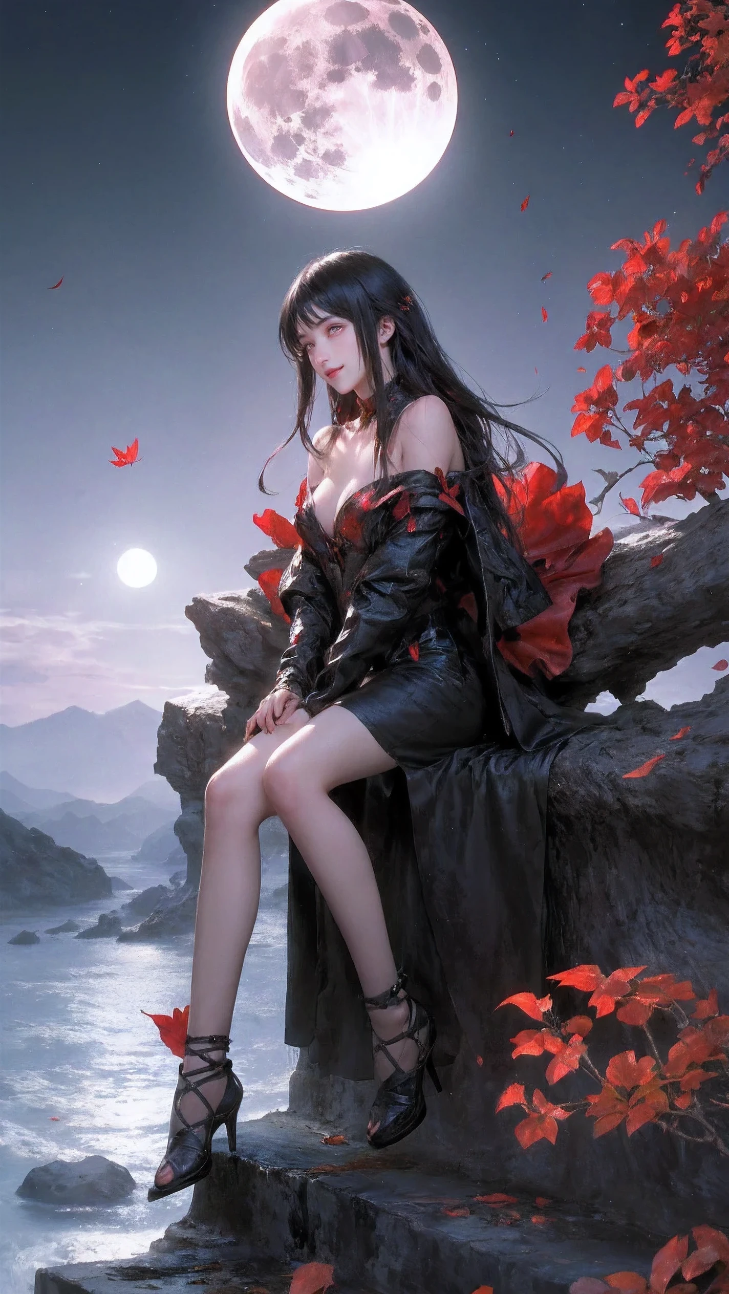 Japanese cartoons, girl, red eyes, black hair, long hair, pray, sitting, petal, fallen leaves, midnight, moonlight, blood moon