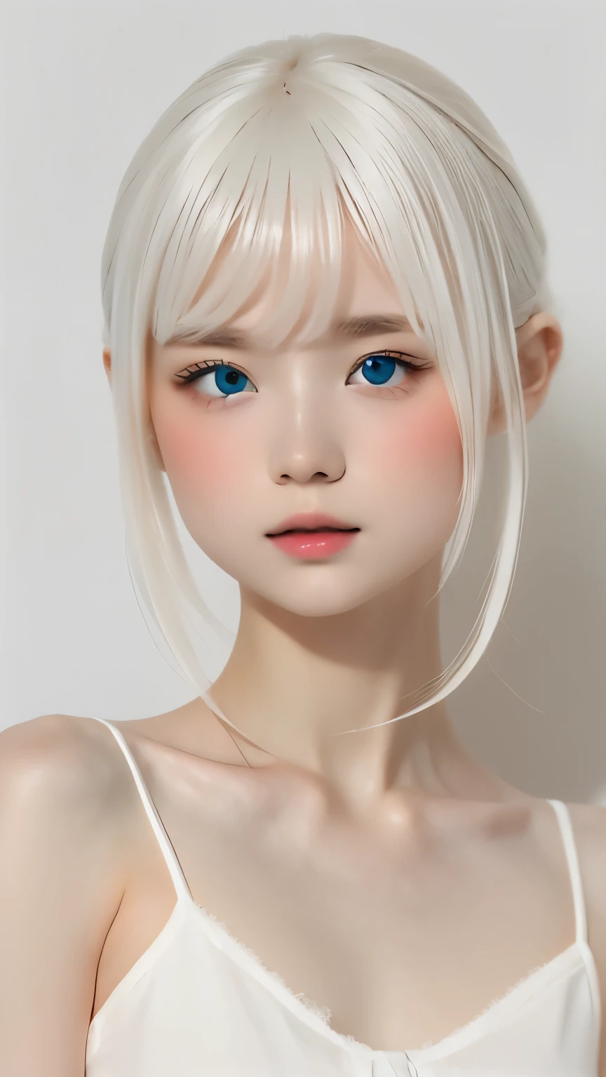 (((white background:1.3)))、highest quality, Masseter muscle part, High resolution, albino girl、(((1 girl))), ************,(((The eyes are white:1.3)))、white dress、((white shirt:1.3、White Block Dress)), Tyndall effect, realistic, shadow studio,Ultramarine lighting, dual tone lighting, (high detail skin: 1.2)、dim lighting、dark lighting、 Digital single-lens reflex camera, photograph, High resolution, 4k, 8k, background blur,fade out beautifully、White world、white background