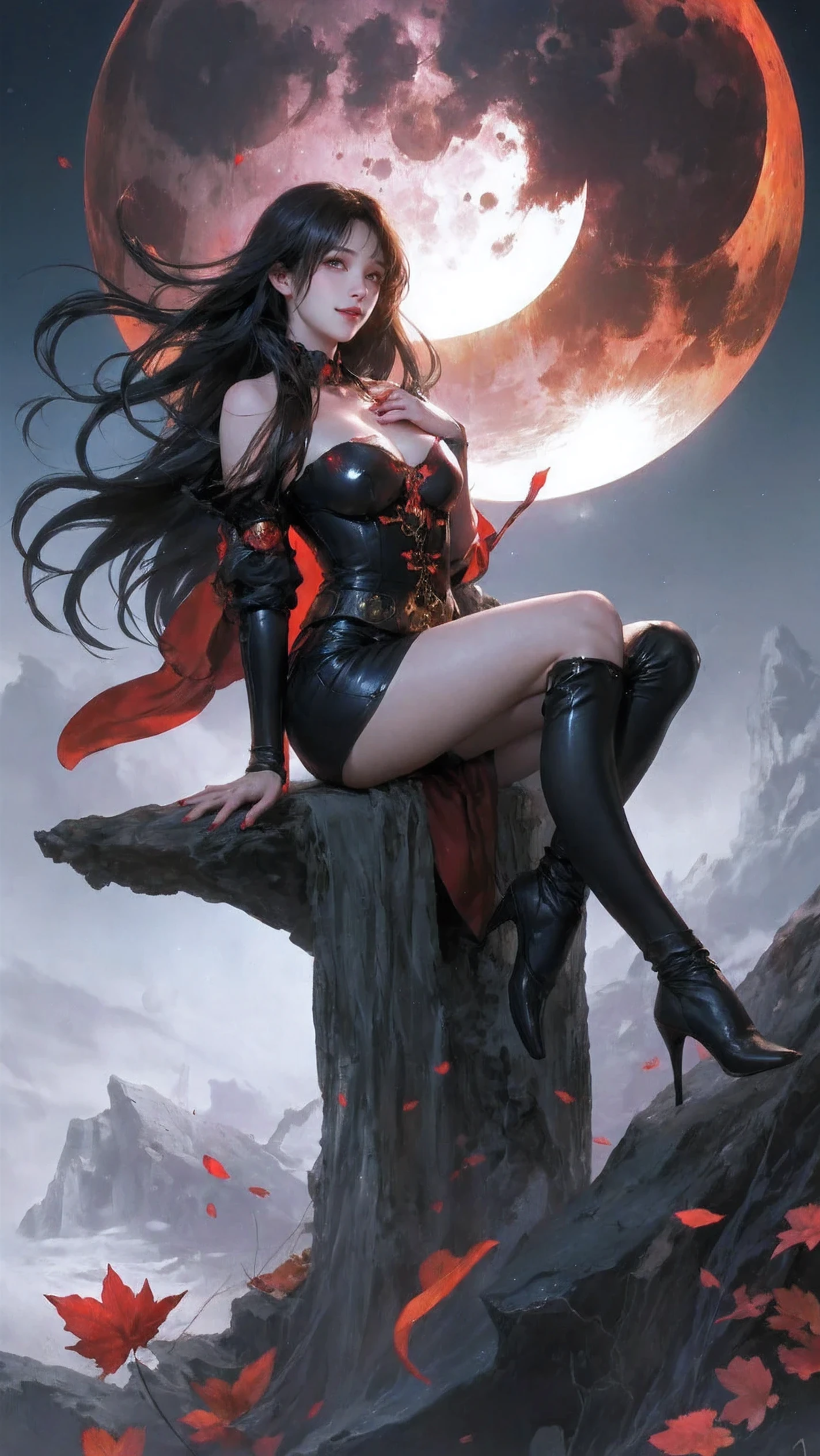 ((best quality)), ((masterpiece)), (detailed), realistic eyes, black hair, black leather outfit, armor, evil landscape, alluring female witch, BREAK ethereal beauty, sitting on a dead tree, (fantasy illustration:1.3), enchanting gaze, captivating pose, solo girl, otherworldly charm, mystical sky, BREAK (Luis Royo:1.2), (Yoshitaka Amano:1.1), moonlit night, soft colors, (detailed cloudscape:1.3), (high-resolution:1.2) (dragon flying in the sky in the background), thong, BREAK legs dangling above lava, evil goddess, realistic, realism, sexy body, glowing torches, long leges, skinny sexy body, perfect exposed boobs, tattoos