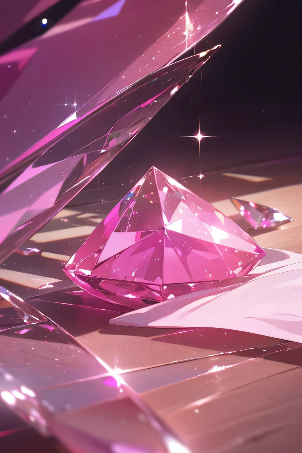 (best quality, highres:1.2),ultra-detailed(realistic:1.37),close-up shot,table,pink gemstone,pink gemstones,sparkling,gemstone collection,reflections,rich colors,shadows,crystal clear,crystal textures,precious stones,tablecloth,luxurious setting,gleaming,translucent,fine details,warm lighting,high-end photography