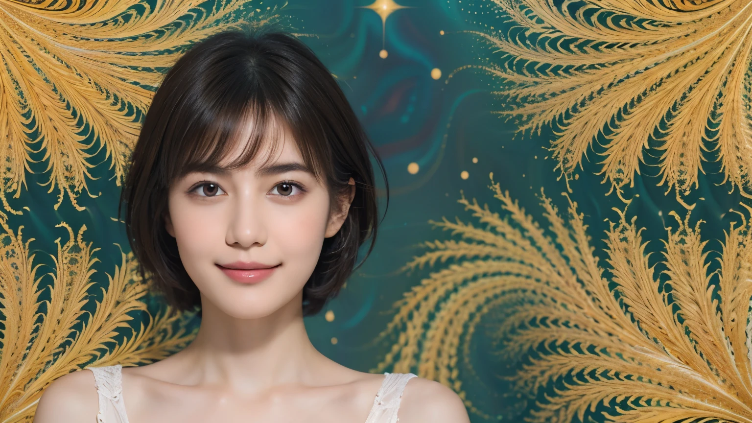 177 Short hair, 20 year old woman, gentle smile, (abstract background,fractal art:1.46)