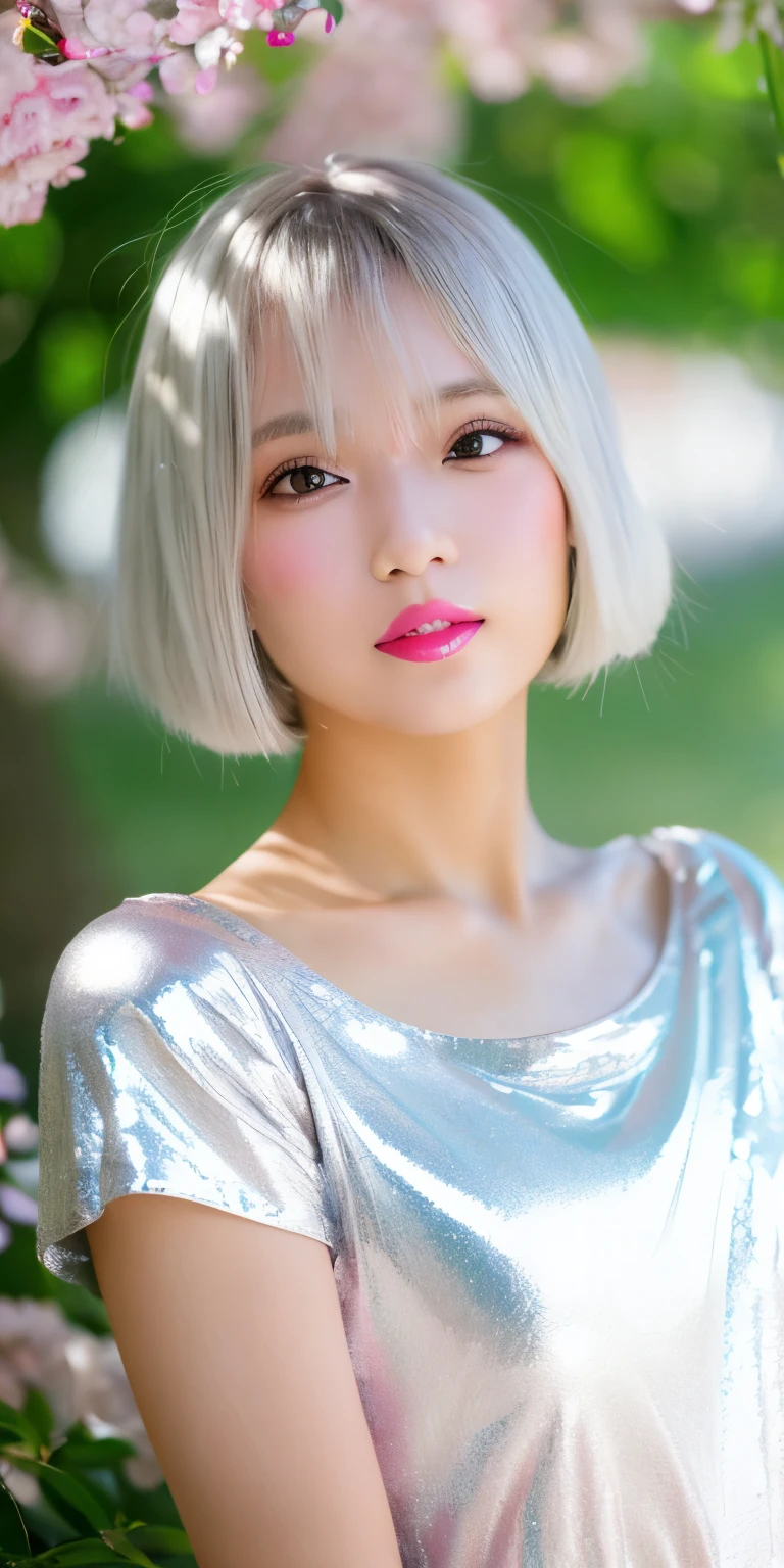 Canon RF85mm f/1.2,masterpiece,highest quality,ultra high resolution,VC,1 girl,(Japan,Kansai people),alone,white_shiny_skin,black eye,((silver hair and bob)),((pink_shiny_lips)),long eyelashes,compensate,shiny,pore,skin texture,Border Shirt,under the cherry tree