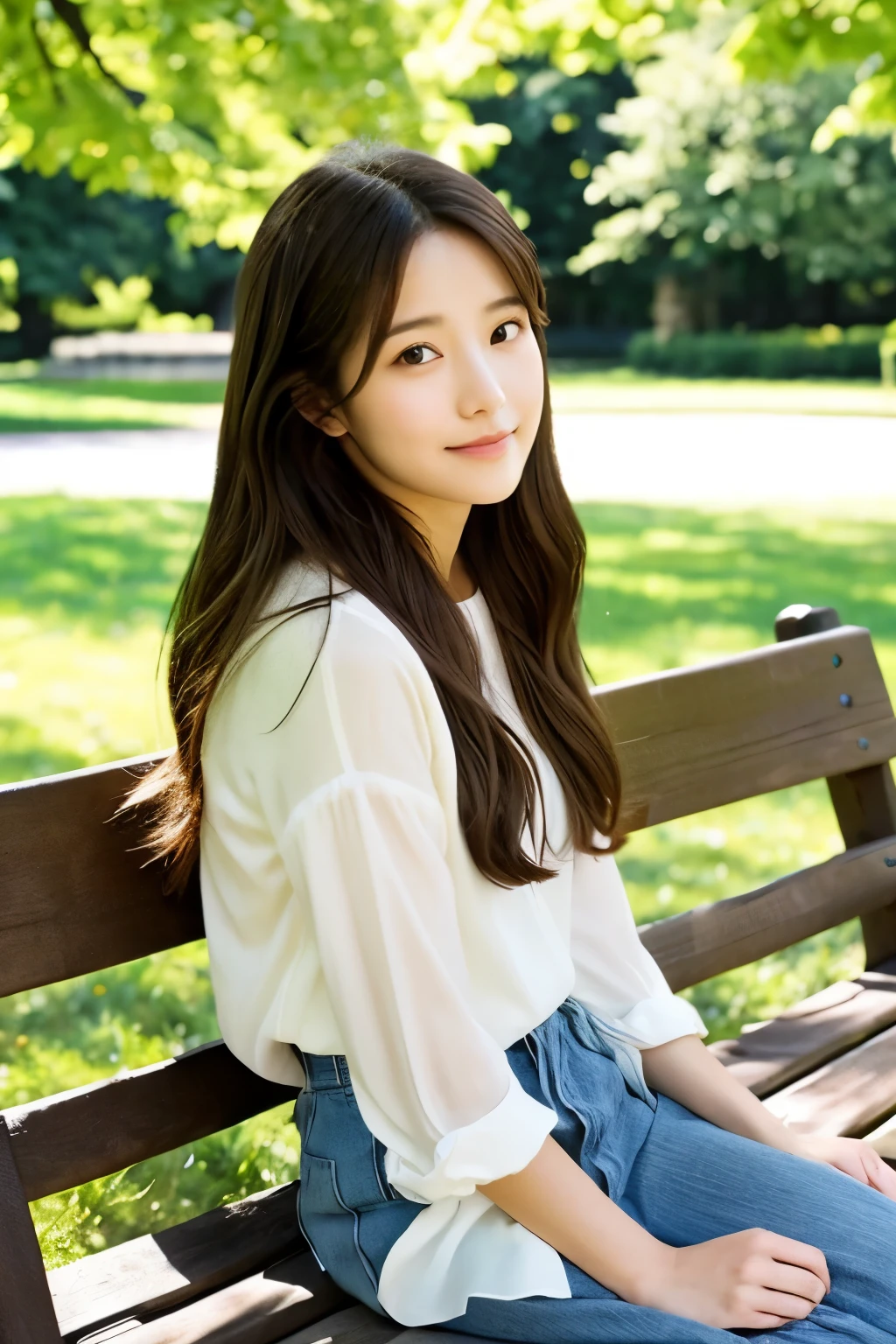 sit on a bench in a quiet park、young woman with natural beauty。She has long brown hair、Has gentle eyes and a soft smile。The clothes she wears are simple and elegant、Gives a casual yet sophisticated look。There are lush trees around々and flowers々There is、The soft spring sunlight gently illuminates her face.。her posture is relaxed、natural and beautiful