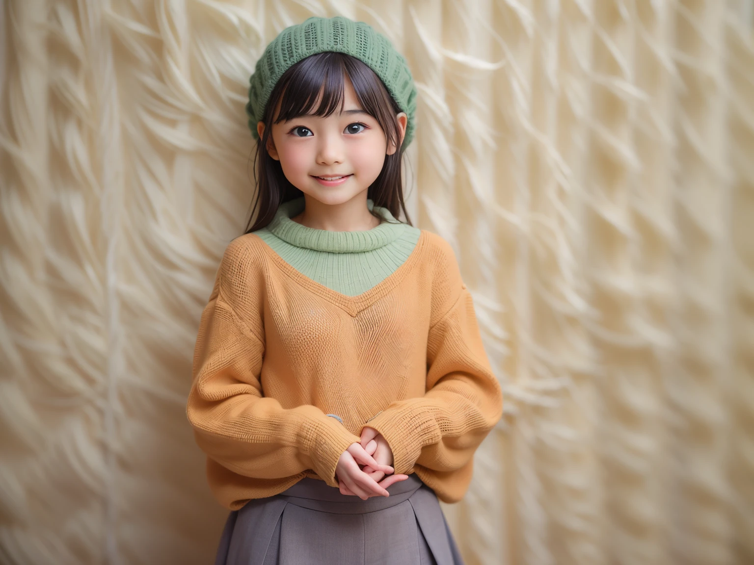 best image quality, concentrated, soft light, 10 years old, ((Japanese)), (No sleeve), (((front, young face))), (Depth of the bounds written), ultra high resolution, (realistic: 1.4 ), RAW photo, (knitted clothes), skirt, masterpiece, highest quality, (Photoreal), woman, smile, bangs