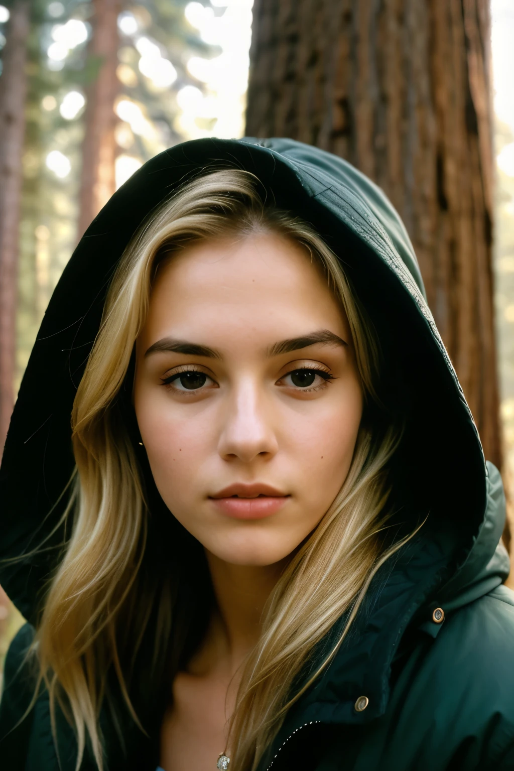photo of a 25-year-old woman, face looking directly into the camera, ultra textured skin, goosebumps, blonde hair half up, half down, faux fur lined parka, skinny jeans, group profile, towering ancient sequoia trees creating a sense of wonder and awe, perfect eyes, ((harsh lighting:1.4)), Velvia 100 color, shot on Cinestill 800T, sideways, clear focus on the object, shot by Manuela Marquez