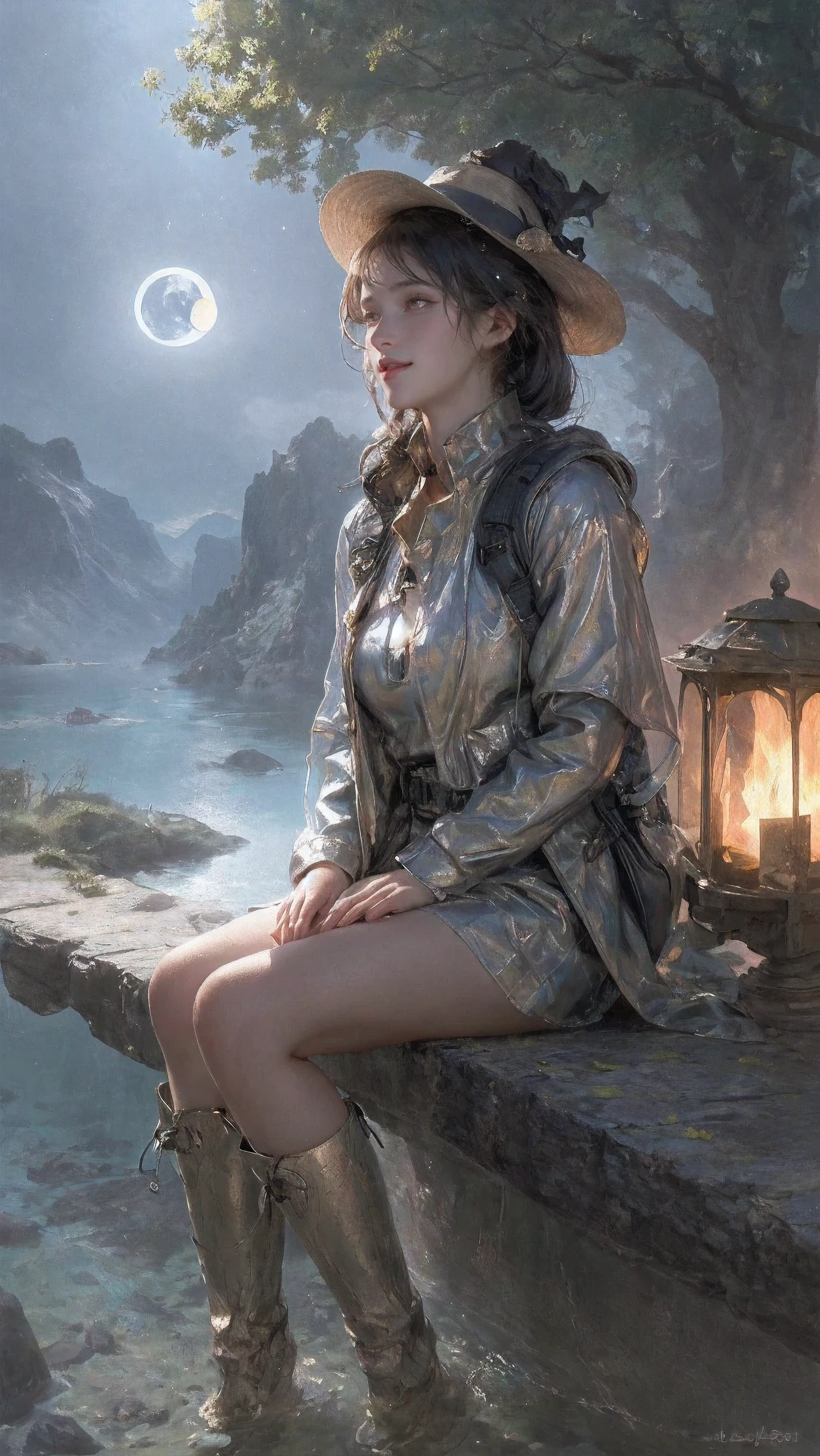 masterpiece, best quality, ultra-detailed, illustration, 1 girl, alone, Outdoor activities, camping, night, mountains, nature, Star, moon, bonfire, tent, double ponytail, green eyes, hapiness, hapiness的, Backpack, sleeping bag, camping stove, Water bottle, mountain shoes, Gloves, sweater, have, flashLight, forest, rock, river, wood, smokes, shadows, contrast, clear sky, constellation, 银river系, peaceful, serene, quiet, peaceful, 偏secluded的, secluded, adventurous, exploration, escape, independent, Survive, Resourceful, challenge, perseverance, endurance, endurance, Observations, intuition, Adaptability, creativity, imagination, artistry, inspiration, beauty, awe, Want to know, gratitude, Admiring, relaxation, enjoy, revival, Mindfulness, consciousness, connect, harmonious, balance, texture, detail, realism, depth, view, work, color, Light, shadow, reflection, refraction, Tone, contrast, prospect, middle ground, background, nature主义的, Figurative, Representative, impressionistic, Expressionist, Abstract, innovative, experimental, Unique