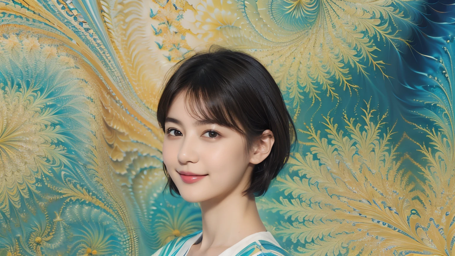177 Short hair, 20 year old woman, gentle smile, (abstract background,fractal art:1.46)