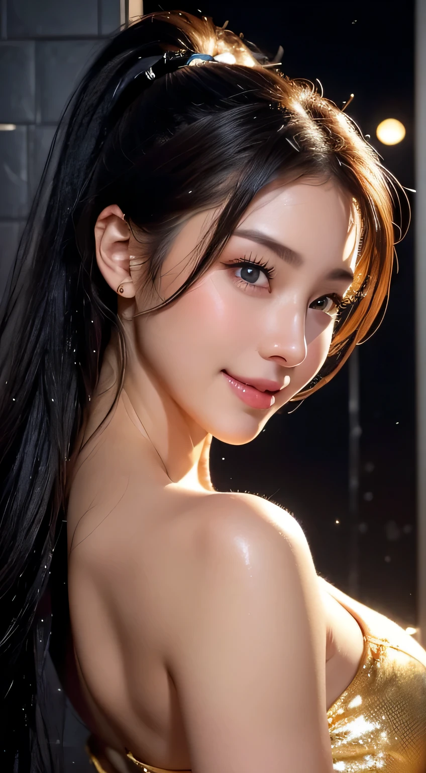 Beautiful woman，body portrait、8k，fine and beautiful eyes，Dindal effect、masterpiece, 最high quality, high quality, High resolution、very detailed photos、(natural skin texture、fine skin、hyper realism、Super sharpness)、high detail skin、(very detailed、fine skin texture、intricate details、beautiful face、(lifelike face)、realistic eyes、beautiful and detailed eyes、ponytail、real looking skin、beautiful skin、big breasts、G cup、glamorous、shiny skin、Oily muscle、tanned skin、Black glowing skin、Wearing a shiny bodysuit、Plump buttocks、sexy thighs、full body shot、surreal、very detailed、golden ratio、with smiling eyes、body portrait