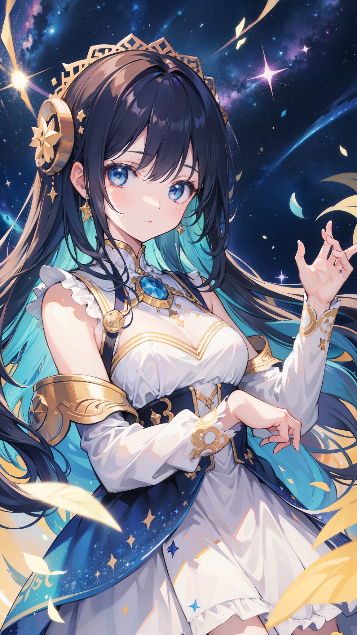 high detail, Super detailed, ultra high resolution, A girl enjoying time in the dream galaxy, surrounded by stars, warm light shining on her, The background is a starry sky with colorful galaxies and galactic clouds, stars are flying around her, delicate face, Add a playful atmosphere ,