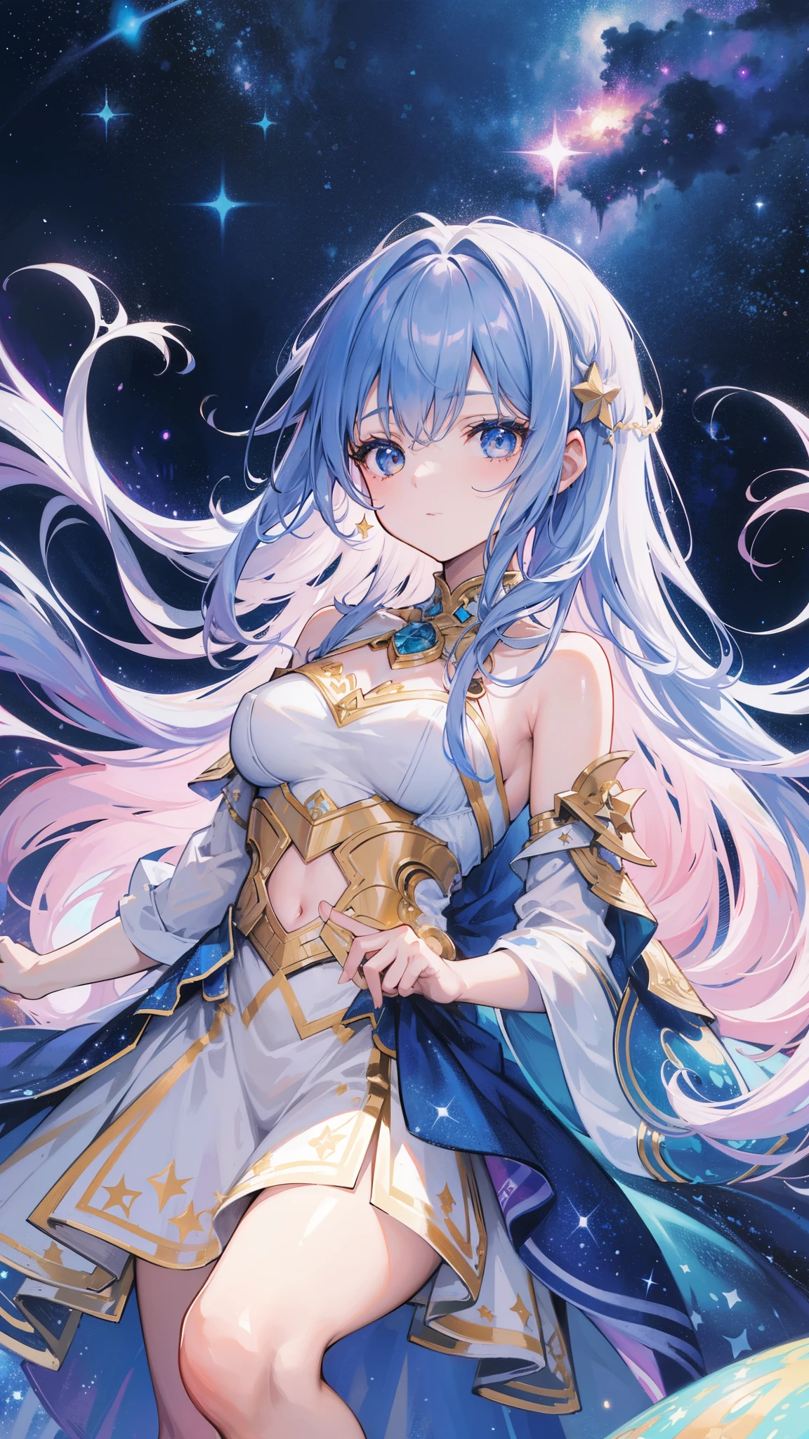 high detail, Super detailed, ultra high resolution, A girl enjoying time in the dream galaxy, surrounded by stars, warm light shining on her, The background is a starry sky with colorful galaxies and galactic clouds, stars are flying around her, delicate face, Add a playful atmosphere , 