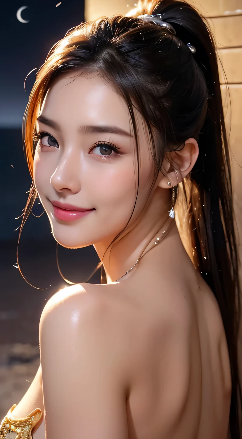 Beautiful woman，body portrait、8k，thin and beautiful eyes，Dindal effect、masterpiece, 最high quality, high quality, High resolution、very detailed写真、(natural skin texture、fine skin、hyper realism、Super sharpness)、high detail skin、(very detailed、fine skinの質感、intricate details、beautiful face、(lifelike face)、realistic eyes、beautiful and detailed eyes、ponytail、real looking skin、beautiful skin、big breasts、G cup、glamorous、shiny skin、oily muscles、take a shower in the bathroom、surreal、very detailed、golden ratio、with smiling eyes、((night moonlight background))、body portrait