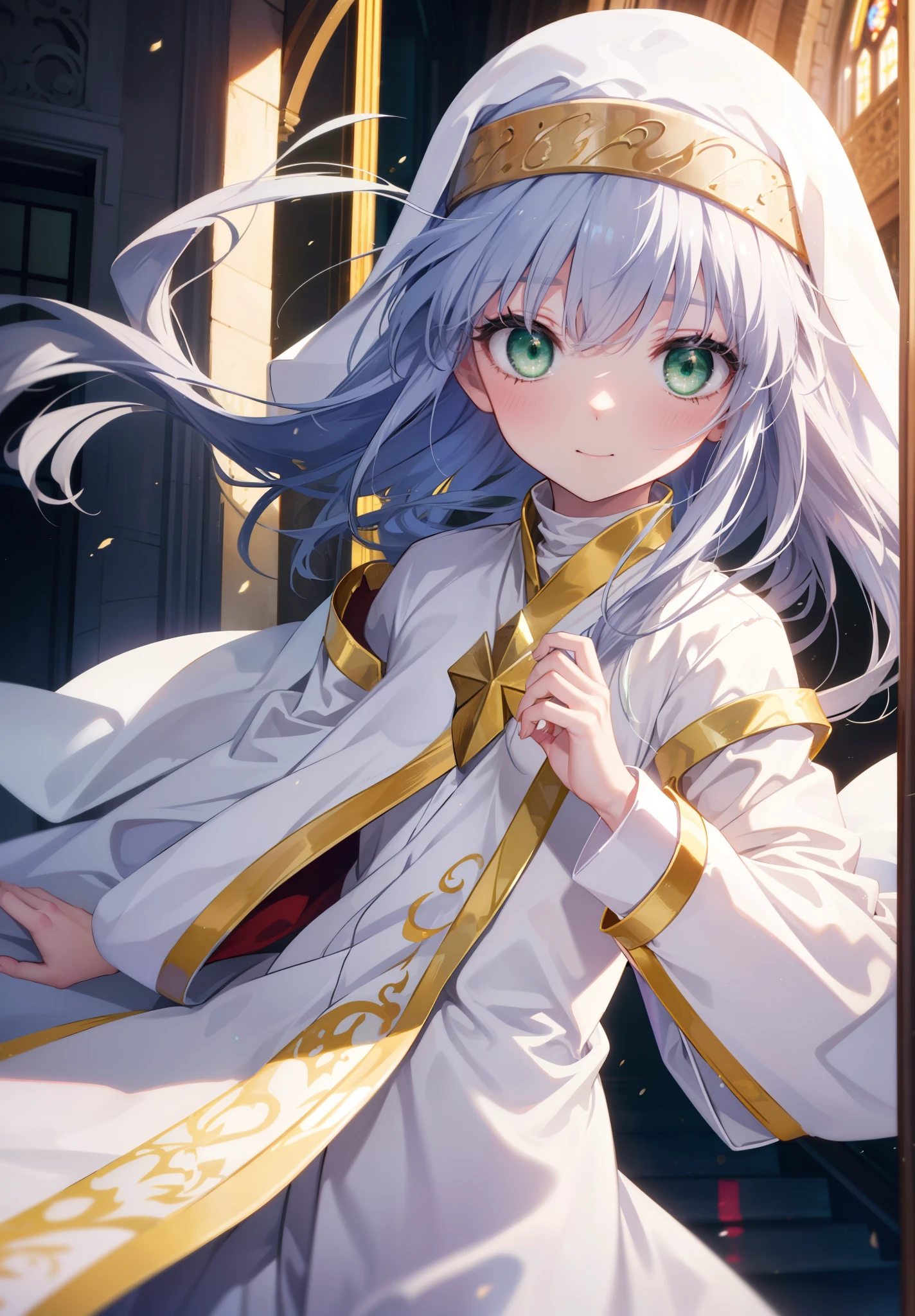 index, index, (green eyes:1.5), silver hair, long hair, (flat chest:1.2),smile,blush,
break habit, long sleeve, nun, robe, white robe, wide sleeve,brown short boots,whole bodyがイラストに入るように杖を装備した, wave a big stick:1.6, blessing of barrier,
break looking at viewer, Upper body, whole body,
break indoors, church,
break (masterpiece:1.2), highest quality, High resolution, unity 8k wallpaper, (figure:0.8), (detailed and beautiful eyes:1.6), highly detailed face, perfect lighting, Very detailed CG, (perfect hands, perfect anatomy),