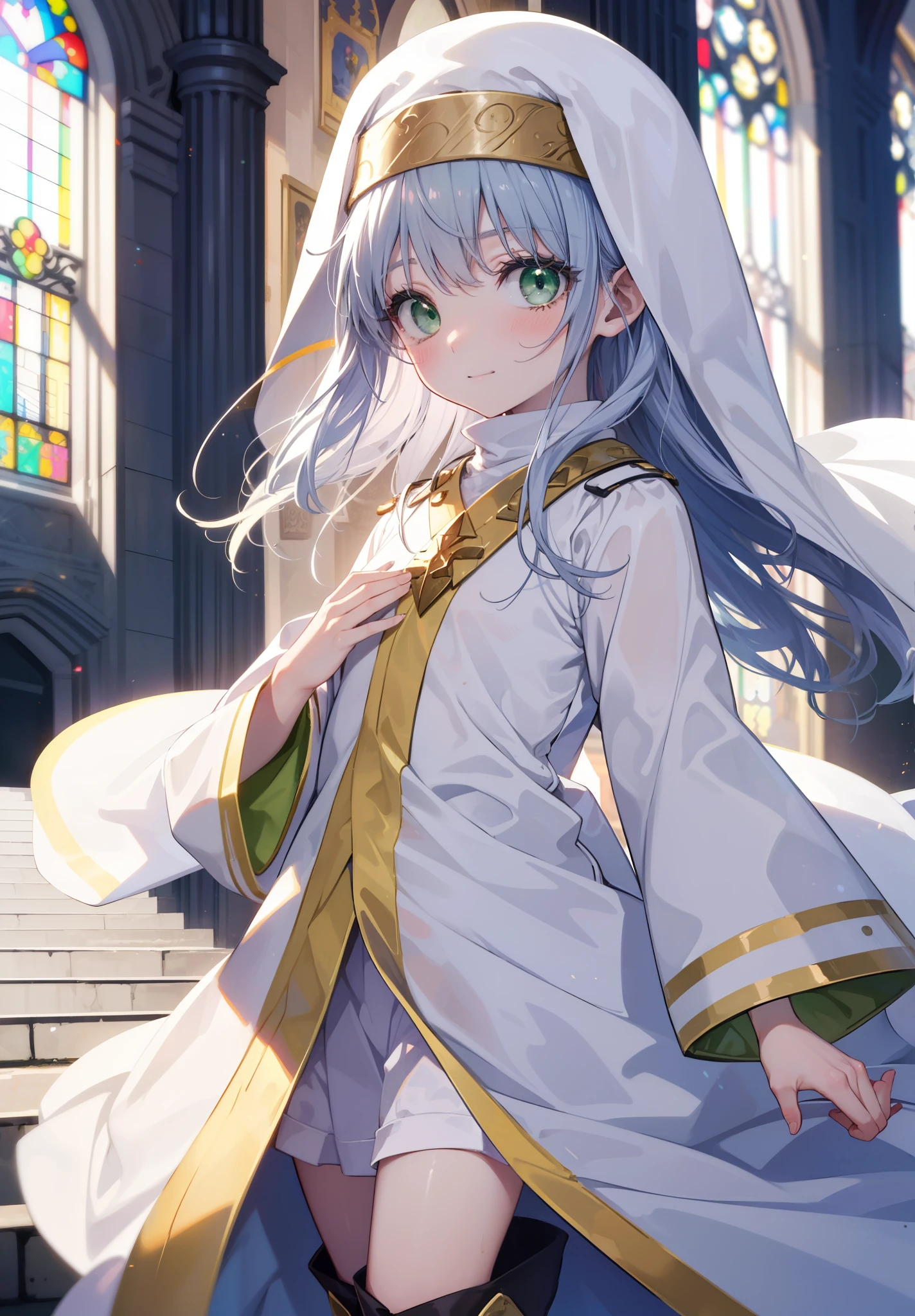 index, index, (green eyes:1.5), silver hair, long hair, (flat chest:1.2),smile,blush,
break habit, long sleeve, nun, robe, white robe, wide sleeve,brown short boots,whole bodyがイラストに入るように杖を装備した, wave a big stick:1.6, blessing of barrier,
break looking at viewer, Upper body, whole body,
break indoors, church,
break (masterpiece:1.2), highest quality, High resolution, unity 8k wallpaper, (figure:0.8), (detailed and beautiful eyes:1.6), highly detailed face, perfect lighting, Very detailed CG, (perfect hands, perfect anatomy),