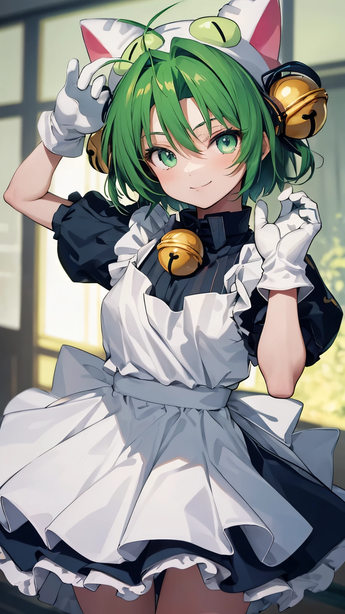 
 dejiko, 1girl, solo, (green hair), short hair, green eyes, jingle bell, hair ornament, (animal hat), cat ears, cat hat, (gloves:1.3), white apron, blue dress,top-quality,smile,waving,Top image quality,perfect anatomy,masterpiece,ultra-detailliert,Beautiful,ultra-quality, best quality,high resolution, ultra-detailed,game cg,dutch angle ,beautiful detailed eyes,visualart,five fingers, perfect hands,