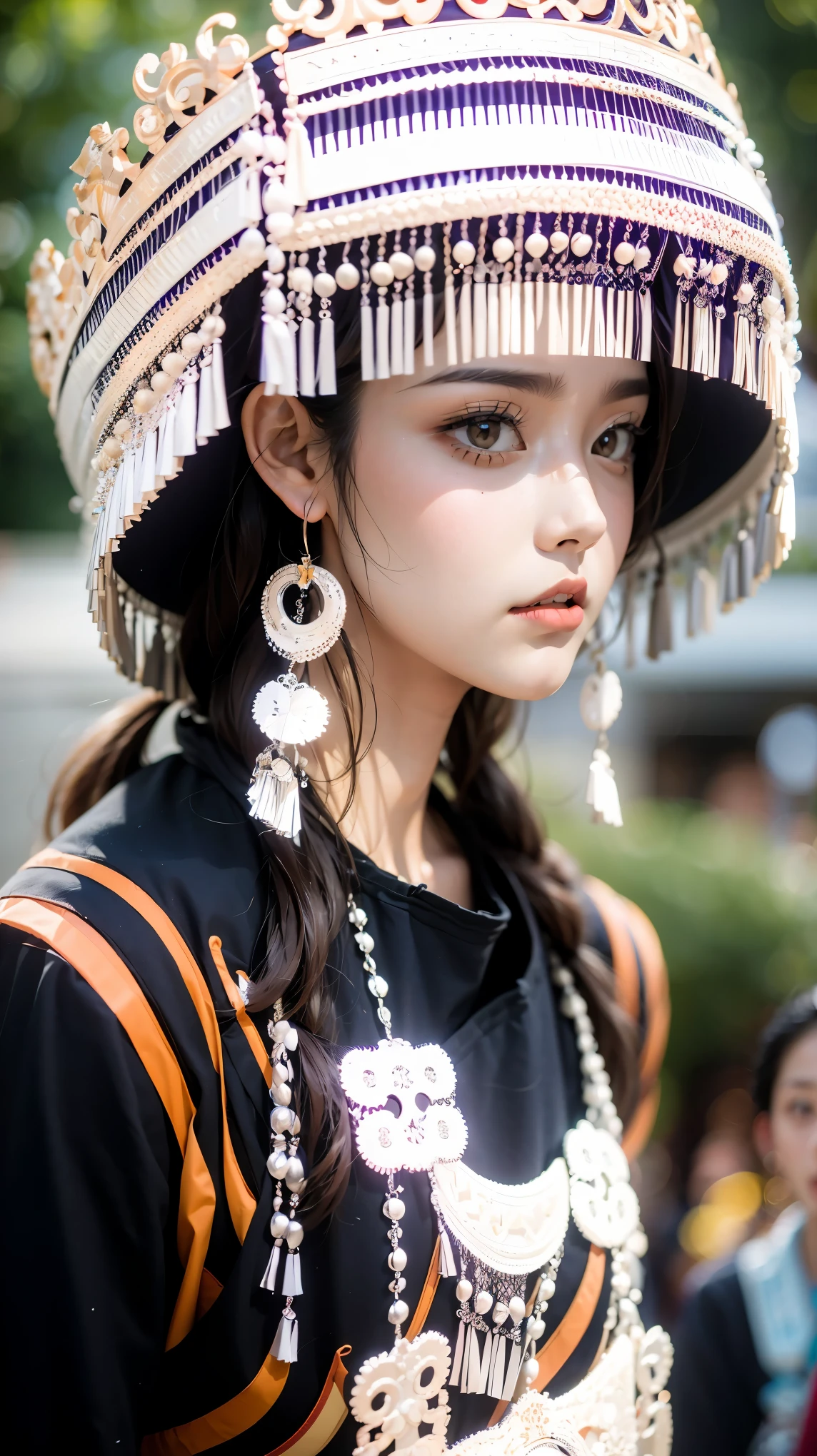 (good structure),high dynamic range,ultra high definition,8k,1girl,Chinese Yi ethnic clothing,Silver metal headwear, brown eyes, earrings, hat, jewelry,Yi ethnic metal jewelry,A huge metal hat,Headwear metal tassels,Silver metal hat, lace, lace trim, lips, long hair, looking at viewer, parted lips, solo, upper body