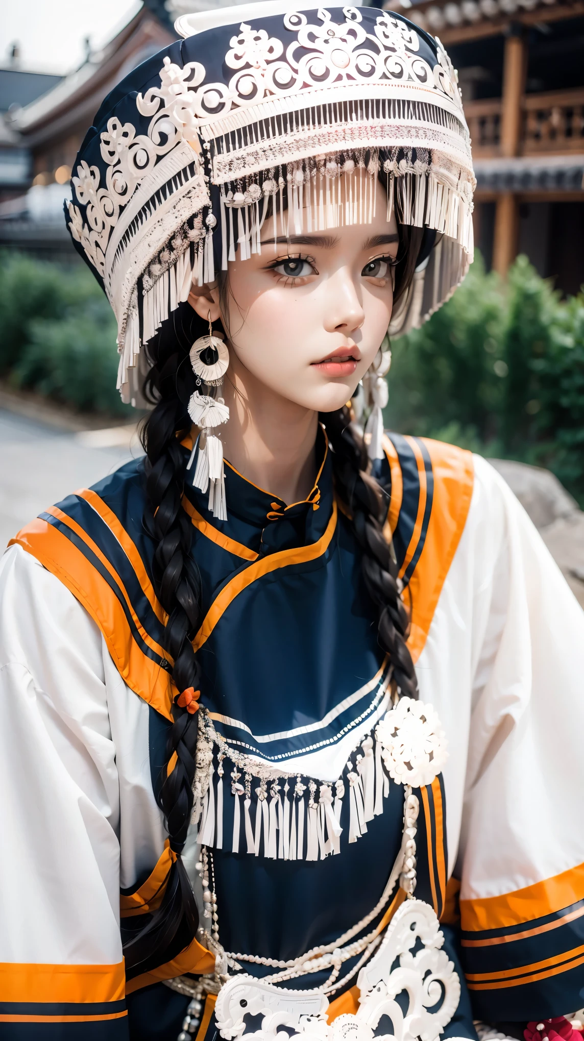 (good structure),high dynamic range,ultra high definition,8k,1girl,Chinese Yi ethnic clothing,Silver metal headwear, brown eyes, earrings, hat, jewelry,Yi ethnic metal jewelry,A huge metal hat,Headwear metal tassels,Silver metal hat, lace, lace trim, lips, long hair, looking at viewer, parted lips, solo, upper body