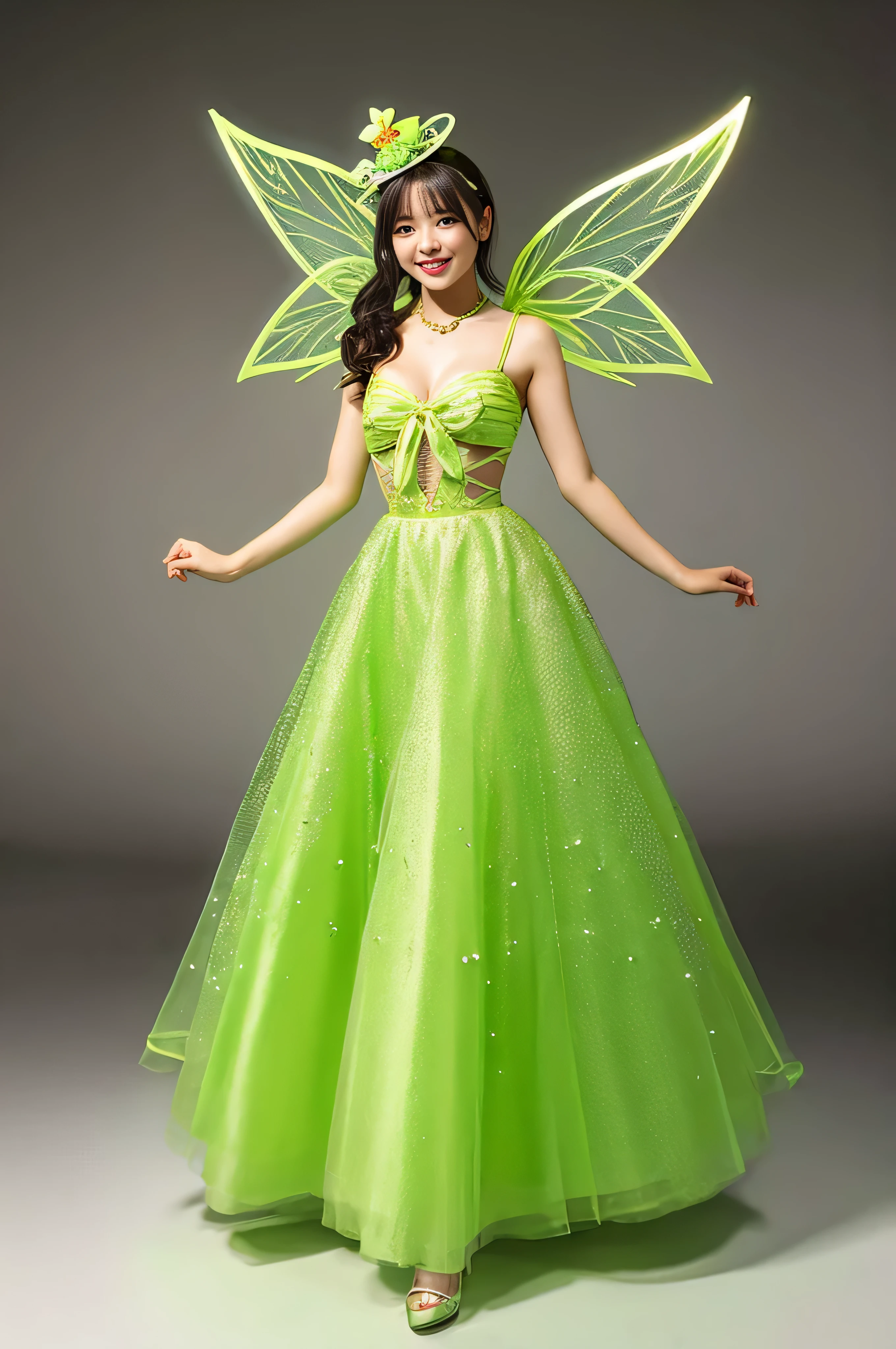 Cute fairy of a beautiful girl wearing a count&#39;s head&#39;The flesh is green、A melon with a fine mesh pattern on the skin.、Full body pose wearing an earl&#39;s dress&#39;A melon design that jumps with a cheerful smile。The beautiful girl fairy that is generated is、、Describe the whole body so that it does not protrude from the screen。