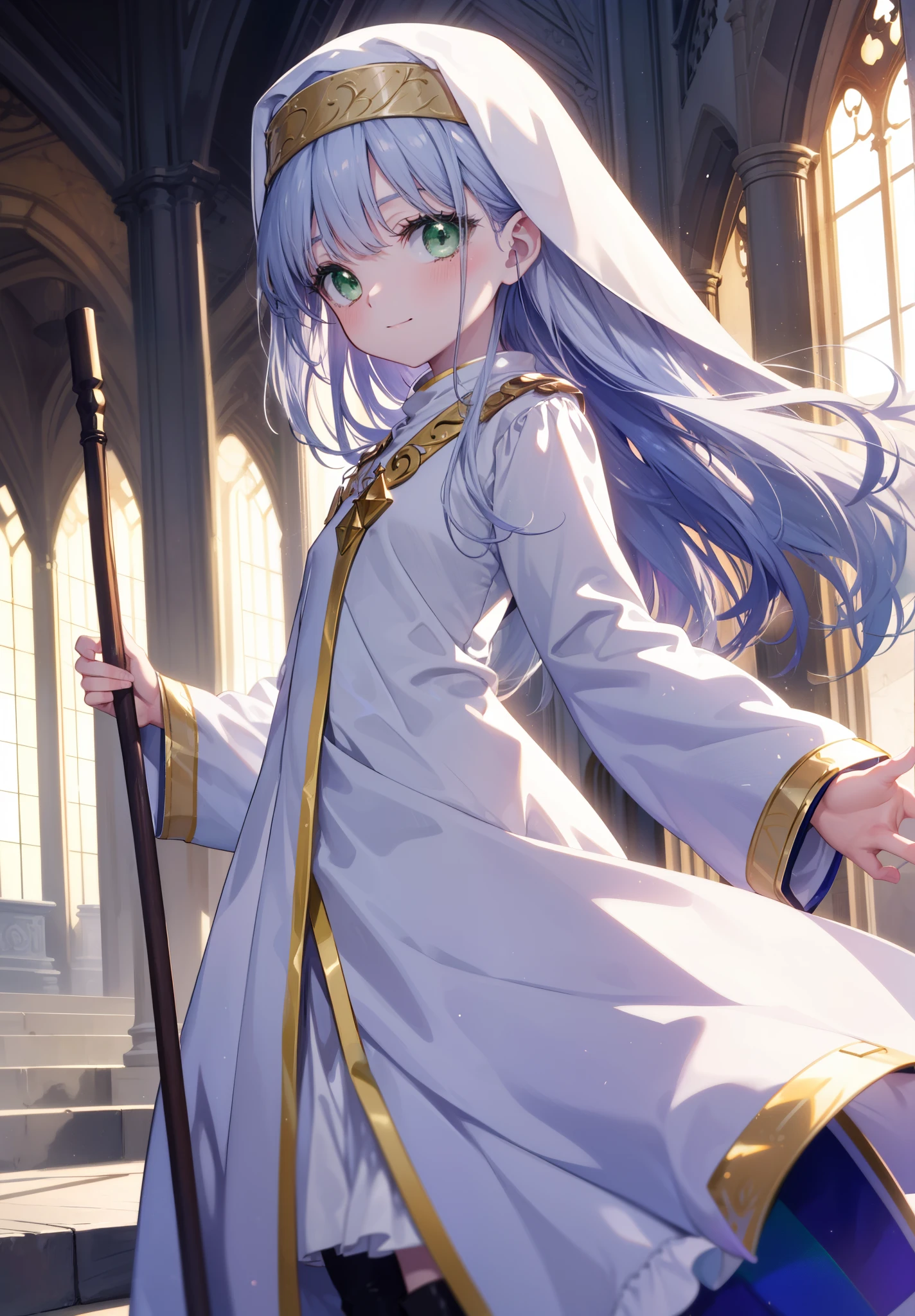 index, index, (green eyes:1.5), silver hair, long hair, (flat chest:1.2),smile,blush,
break habit, long sleeve, nun, robe, white robe, wide sleeve,brown short boots,whole bodyがイラストに入るように,equipped with a cane, wave a big stick:1.6, blessing of barrier,
break looking at viewer, Upper body, whole body,
break indoors, church,
break (masterpiece:1.2), highest quality, High resolution, unity 8k wallpaper, (figure:0.8), (detailed and beautiful eyes:1.6), highly detailed face, perfect lighting, Very detailed CG, (perfect hands, perfect anatomy),