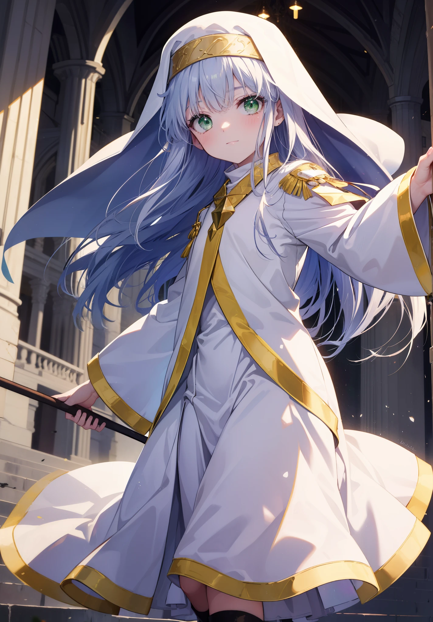 index, index, (green eyes:1.5), silver hair, long hair, (flat chest:1.2),smile,blush,
break habit, long sleeve, nun, robe, white robe, wide sleeve,brown short boots,whole bodyがイラストに入るように,equipped with a cane, wave a big stick:1.6, blessing of barrier,
break looking at viewer, Upper body, whole body,
break indoors, church,
break (masterpiece:1.2), highest quality, High resolution, unity 8k wallpaper, (figure:0.8), (detailed and beautiful eyes:1.6), highly detailed face, perfect lighting, Very detailed CG, (perfect hands, perfect anatomy),