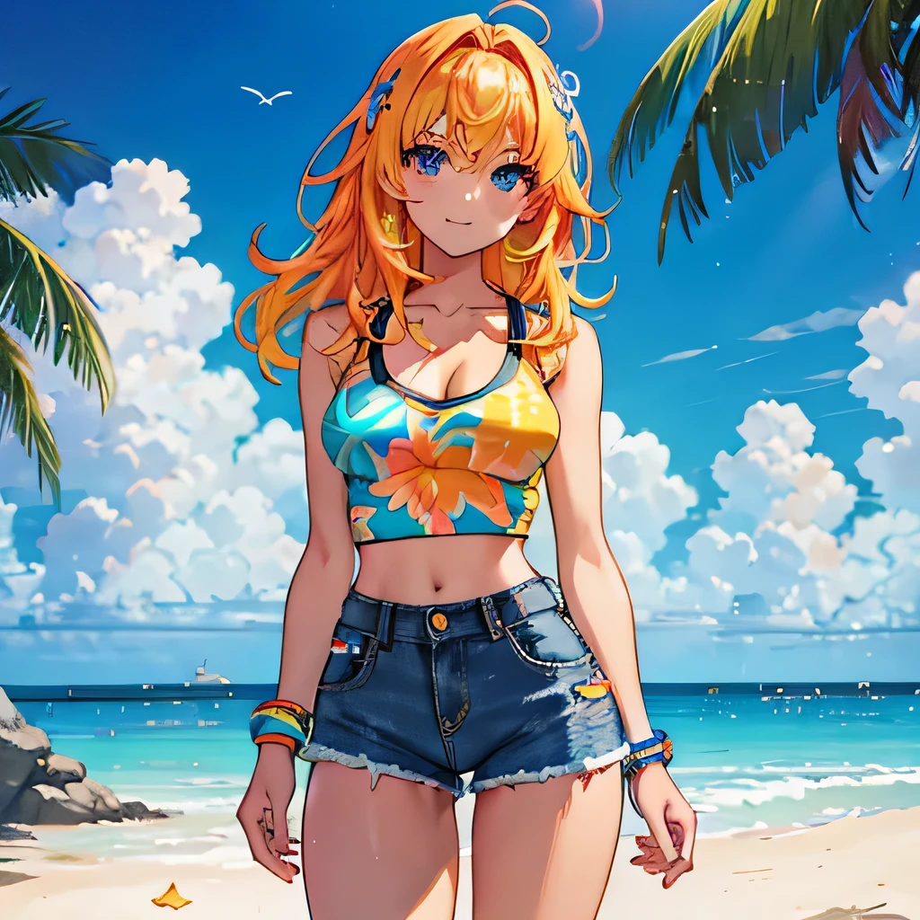 Meet our anime-style Florida girl, her beach wave hair glowing golden under the sun. Adorned in a vibrant tank top with tropical prints and high-waisted denim shorts, she exudes coastal chic. Neon-accented rollerblades leave streaks of color as she glides, epitomizing Florida's vibrant spirit., anime, vibrant, illustration
