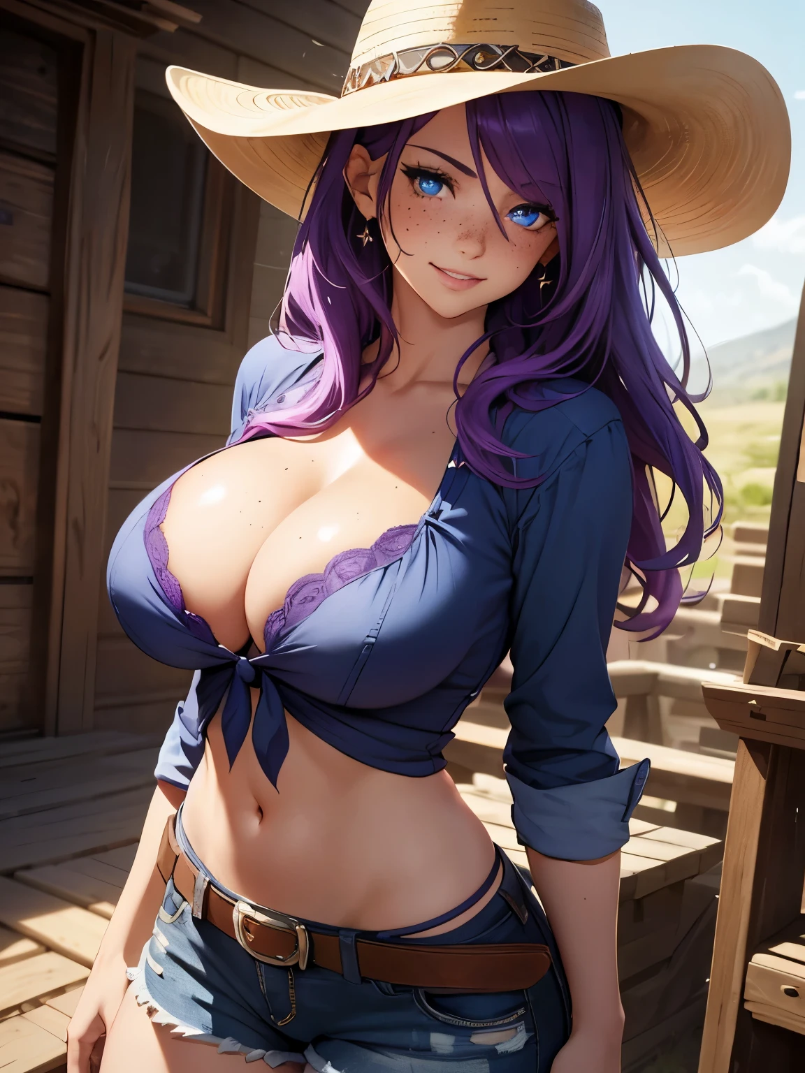 beautiful woman, purple hair, bright blue eyes, glowing eyes, lots of freckles, full lips, gigantic breasts, extreme cleavage, deep cleavage, thin body, cowboy hat, tiny shirt, shirt tied below breasts, tiny shorts, cowboy boots, seductive pose, smiling, happy, extreme blushing, ultra detailed, old west background, noon, sunny day, masterpiece, 8k, looking directly at viewer