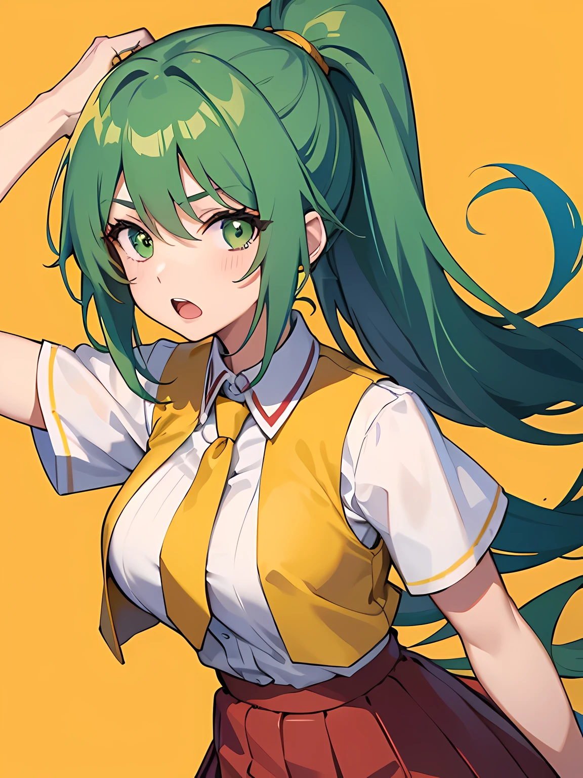 1 girl,One,Upper body,I look at the viewer,facing the viewer,Sonozaki Mion,long hair,green hair,High ponytail,split bangs,Green eyes,open mouth,yellow vest,cropped vest,open clothes,collared shirt,Red tie,White shirt,short sleeves,big breasts,Tight,Red dress,long skirt,White socks,loafers,