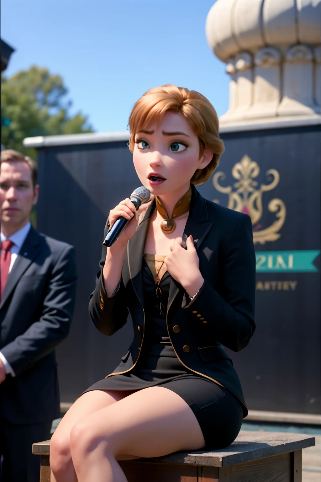 Photo of Anna of Arendelle wearing black sexy corporate suit, sitting on podium, stage, event, giving speech outdoors,
