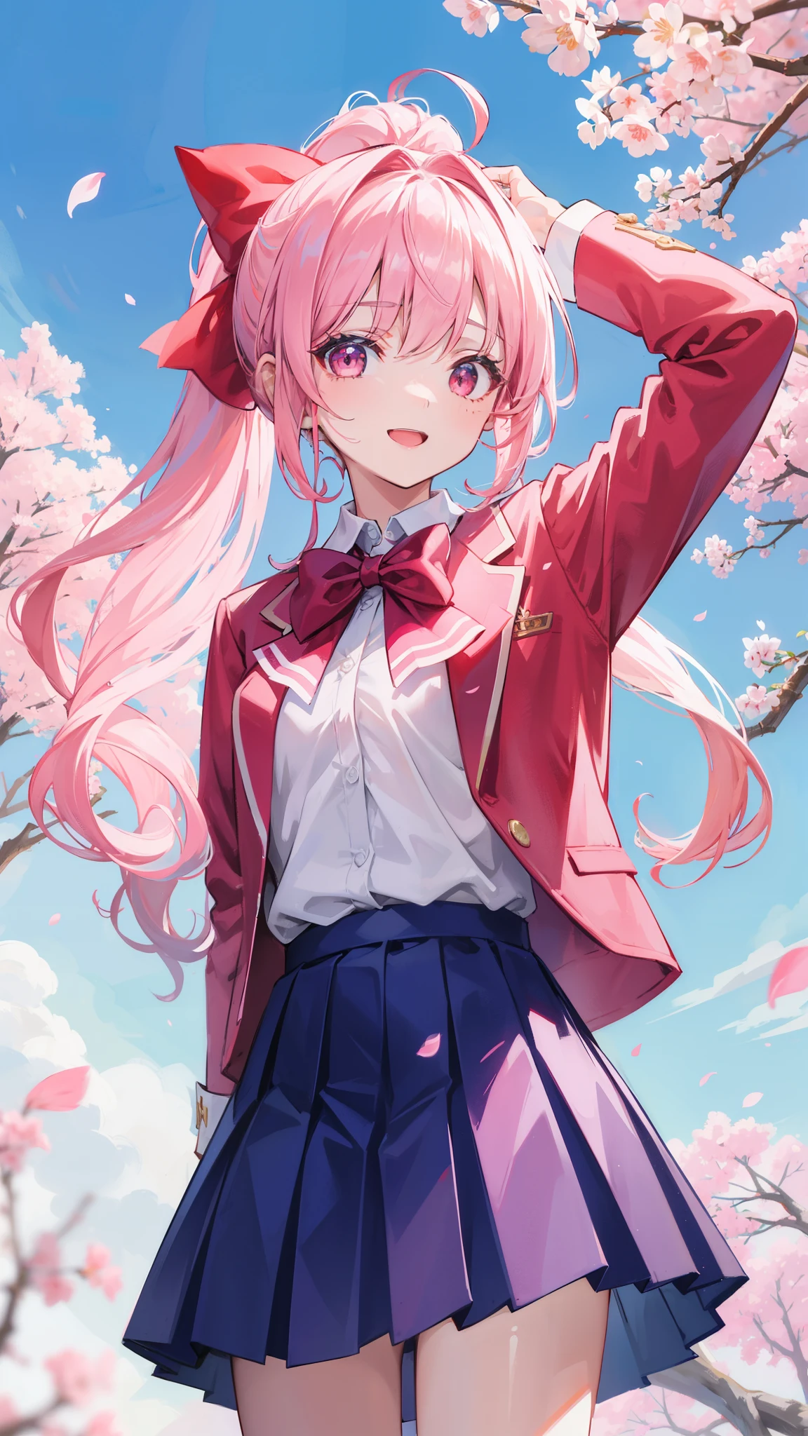 32k, 1girl, solo, long hair, looking at viewer, smile, open mouth, bangs, skirt, shirt, long sleeves, bow, ribbon, school uniform, standing, jacket, hair ribbon, white shirt, ponytail, pink hair, ahoge, :d, sidelocks, cowboy shot, pleated skirt, outdoors, sky, day, bowtie, pink eyes, arm up, red bow, tree, blue sky, blue skirt, petals, hair intakes, blazer, blue jacket, cherry blossoms,