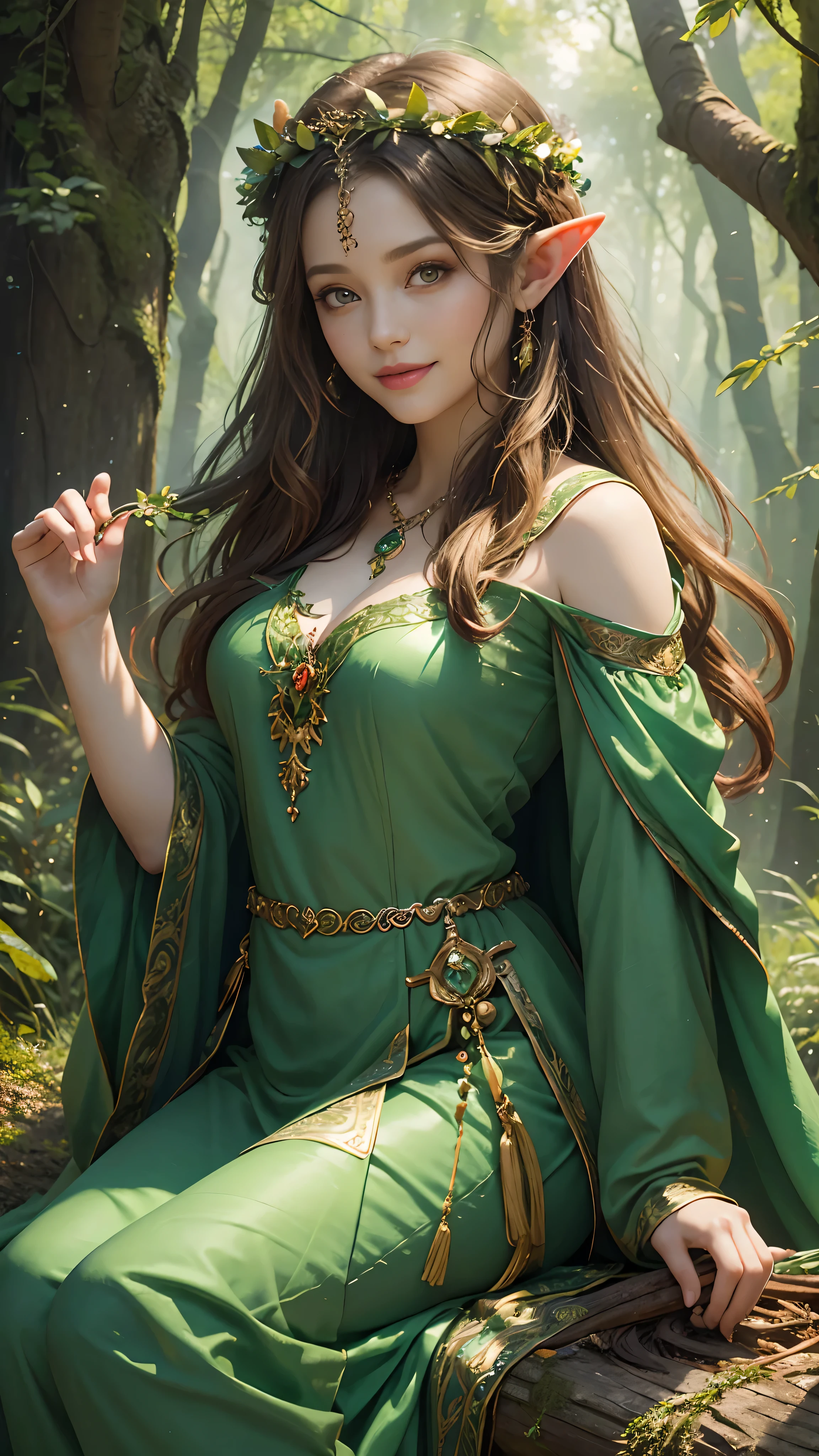 Goddess of forest, elf, beautifu middle age woman, green clothes, in woods, flower crown, goddess, adorable, innocent smile, lovely, beautiful face, love, full body, portrait, HDR, UHD, 4k, high quality details, realistic