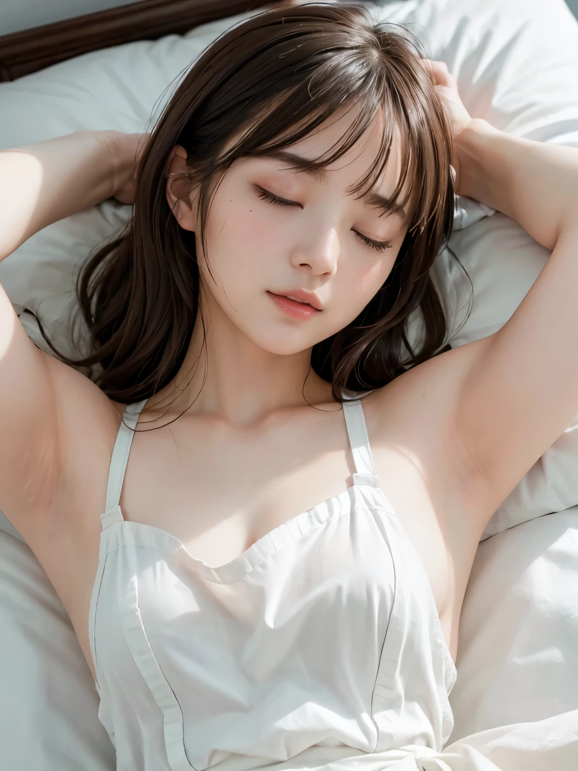 masterpiece、8k、High resolution、Super detailed、(cute、beautiful:1.3),(Bedroom:1.3)、(wearing a naked apron)、(sleeping on one&#39;s back:1.3)、whole body、flat chest、beautiful足、night、gentle lighting、A face that feels beautiful、((１people))、((Cute and sexy poses))、Photoreal、緻密でbeautiful目、hyper realism、high contrast、ultra hd、best image quality、highest quality、small details、very politely,Beautiful woman,highly detailed face,realistic,Beautiful woman,highly detailed face,20-year-old,detailed facial features