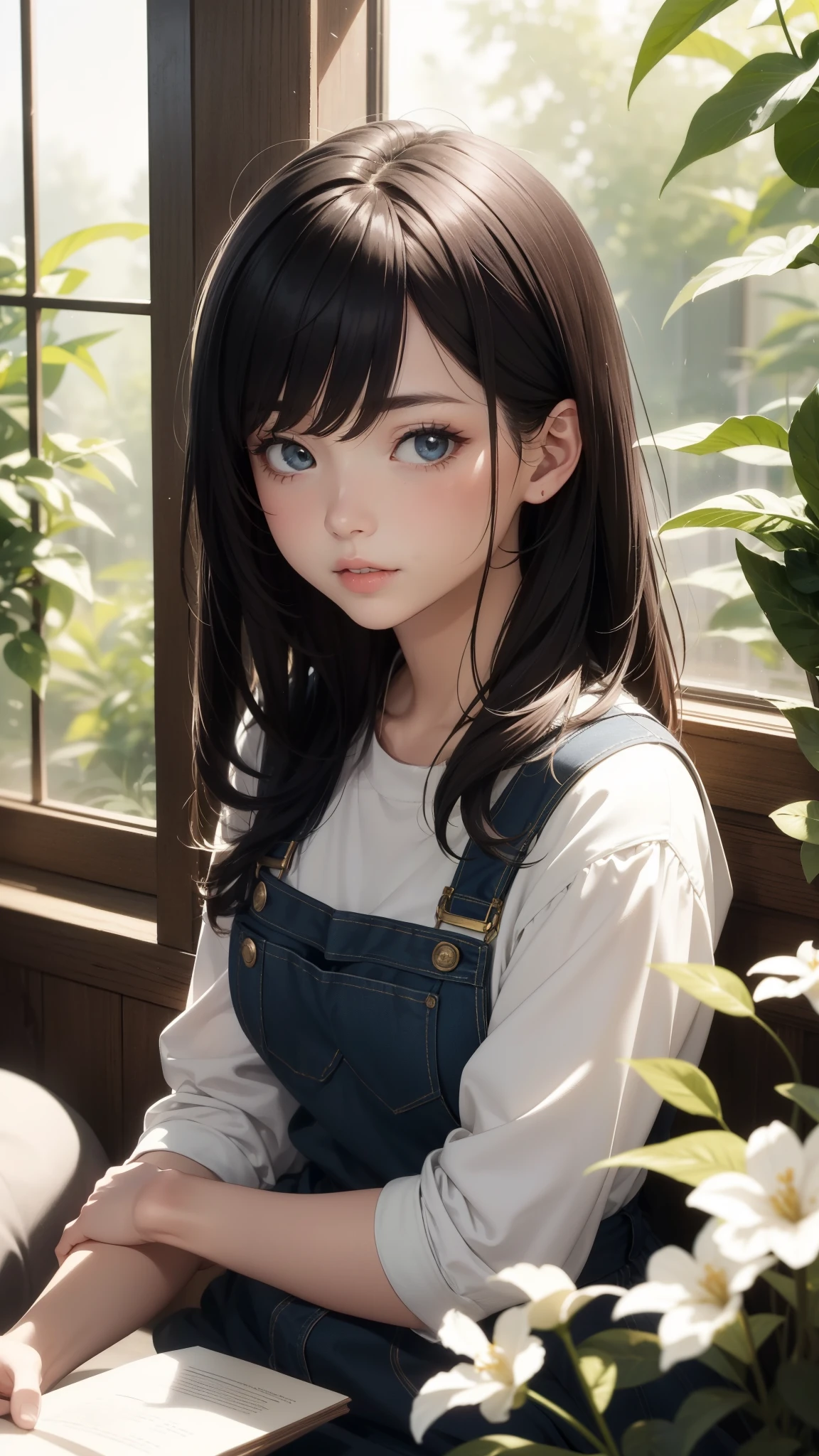 A girl sitting by the window, looking out into a beautiful garden. The girl has long flowing hair, shining in the sunlight. Her face is beautifully detailed, with captivating eyes, a graceful nose, and plump lips. She exudes a sense of tranquility and peace. The garden is filled with vibrant flowers in full bloom, their colors popping against the lush greenery. The viewer is watching from a distance, observing the girl's peaceful demeanor. The scene is captured in the highest quality, with the utmost attention to detail. The image is sharp and clear, with every minute feature portrayed flawlessly. The lighting is soft and natural, creating a serene and inviting atmosphere. The overall color tone is vibrant and harmonious, enhancing the beauty of the scene. It feels like a masterpiece, crafted with great care and precision. The image evokes a sense of realism, as if one could step into the world of the painting.